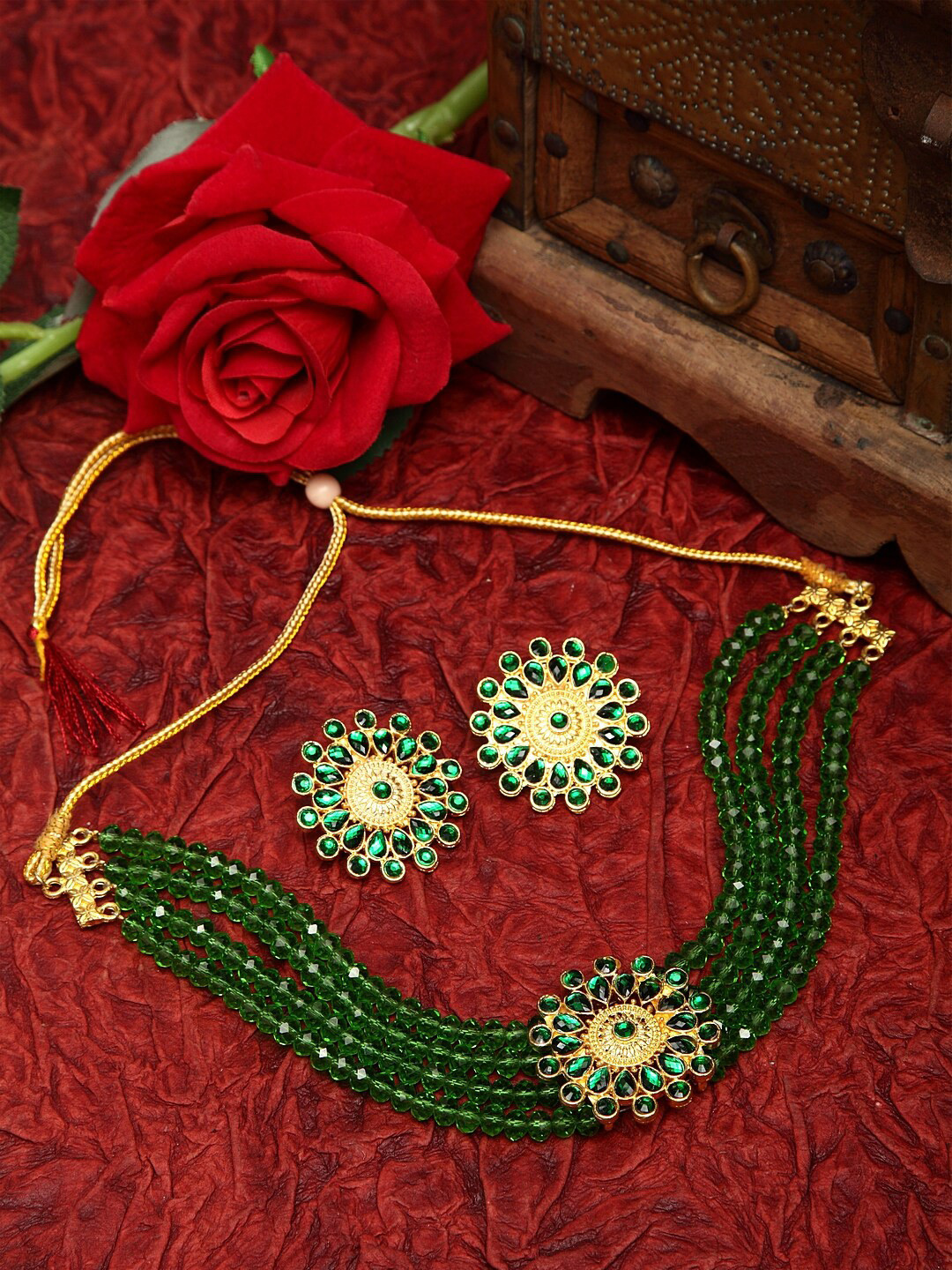 Moedbuille Green Stones and Beads Studded Oxidised Gold Plated Handcrafted Jewelry Set