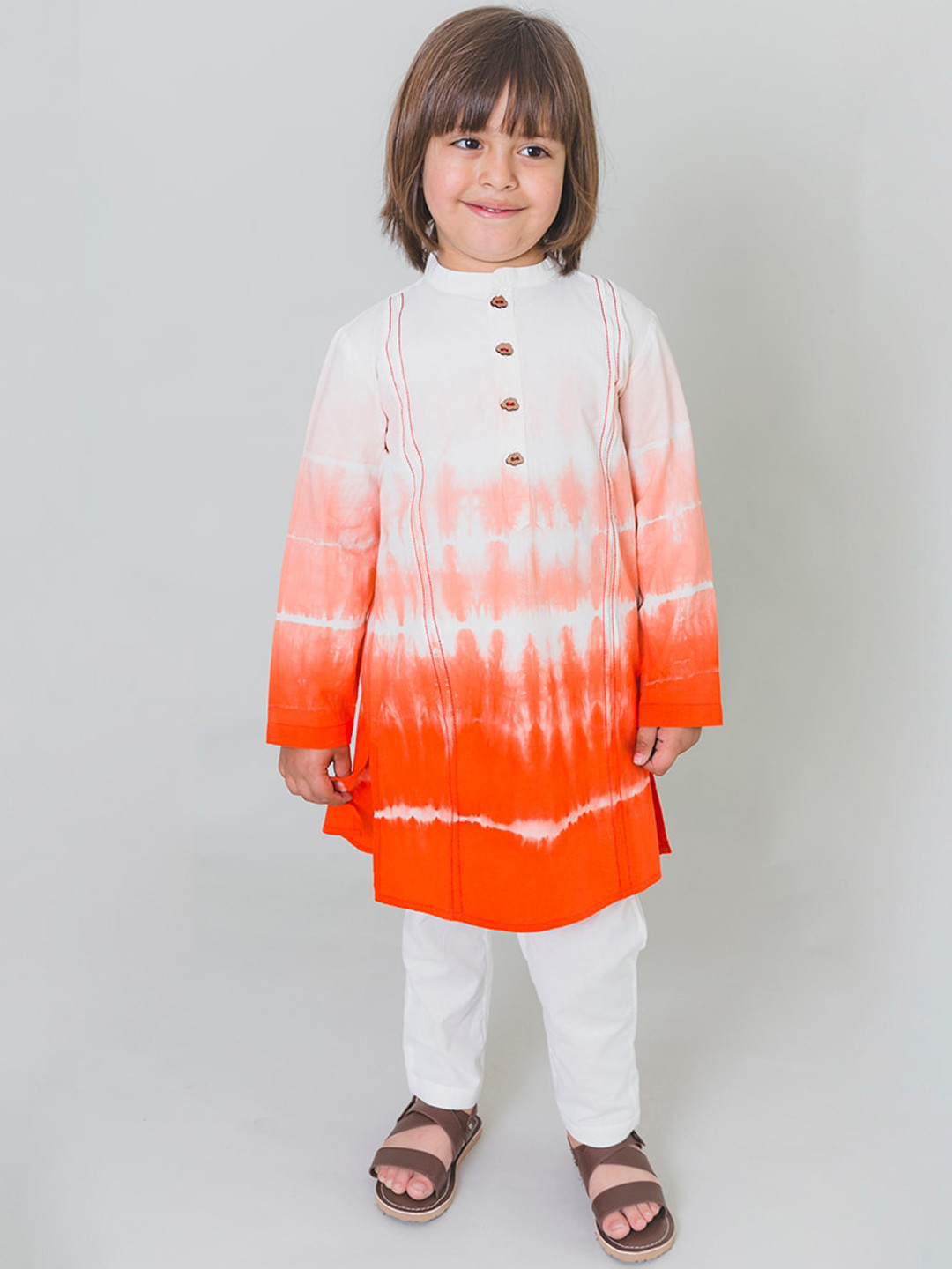 Tiber Taber Boys Orange & Off White Tie & Dye Kurta