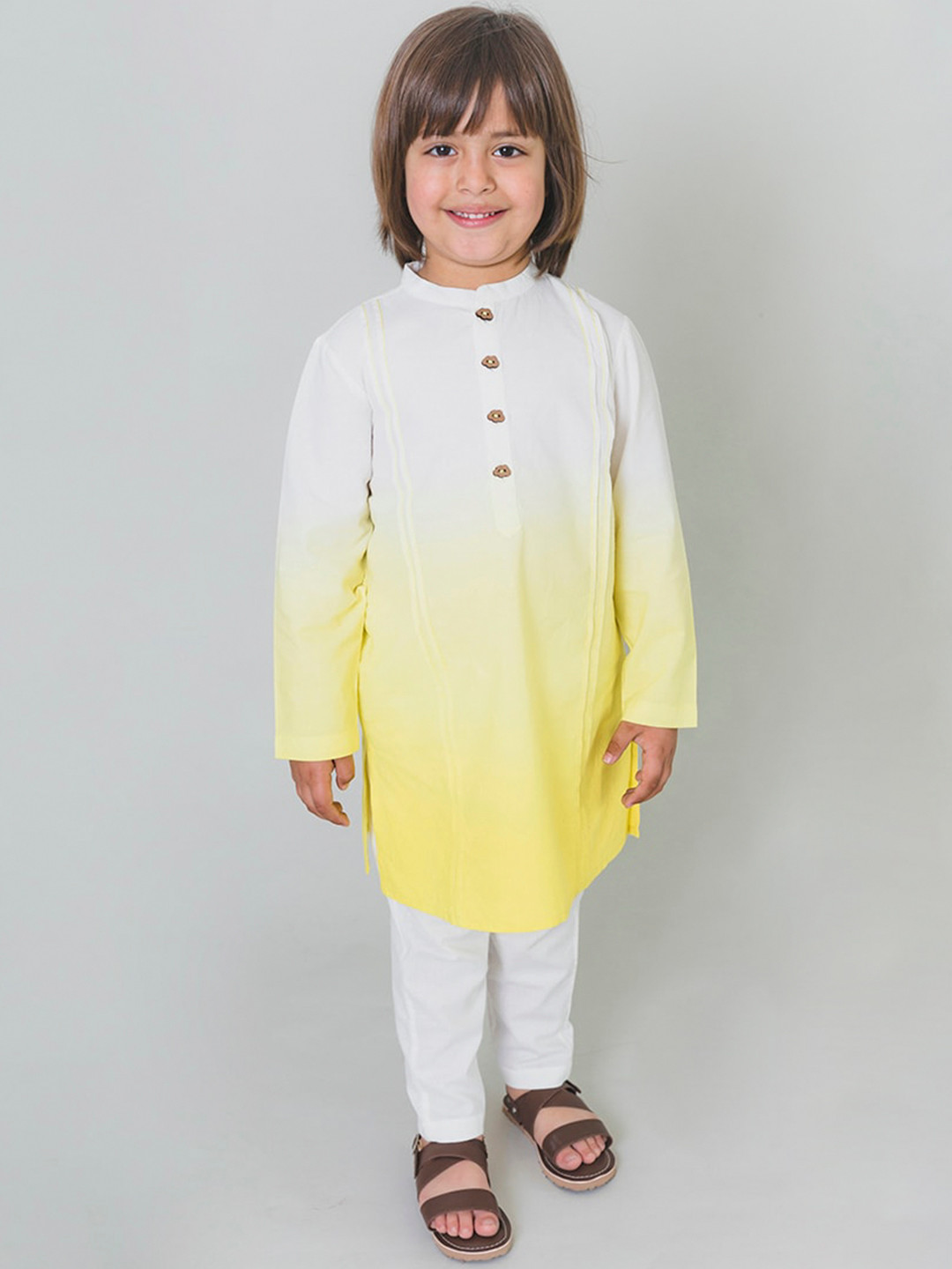 Tiber Taber Boys Yellow & White Tie & Dye Colourblocked Kurta