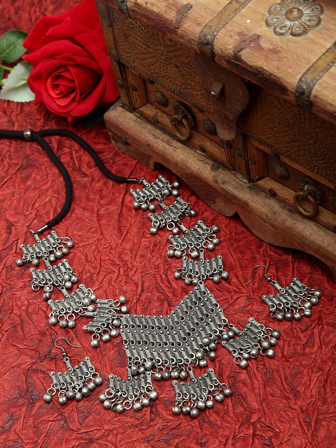 Moedbuille Ghungroo Studded Tasselled Design Oxidised Silver Plated Handcrafted Temple Jewelry Set