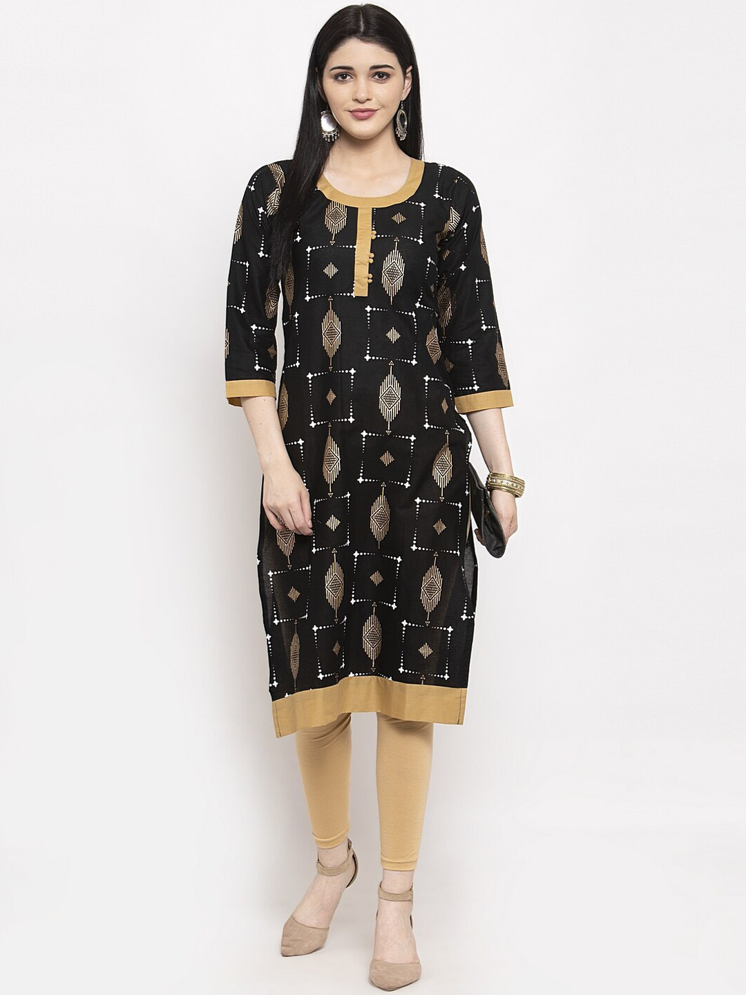 Clora Creation Women Black & Gold-toned Ethnic Motifs Printed Thread Work Kurta