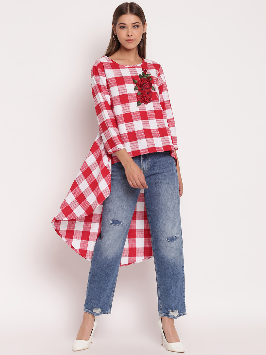 AKIMIA Women's Red & White Checked Cotton Tunic