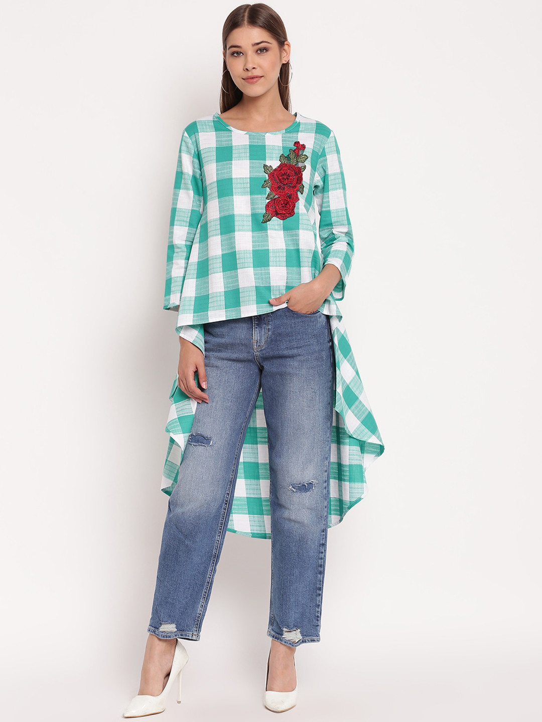 AKIMIA Women Green & White Checked Tunic