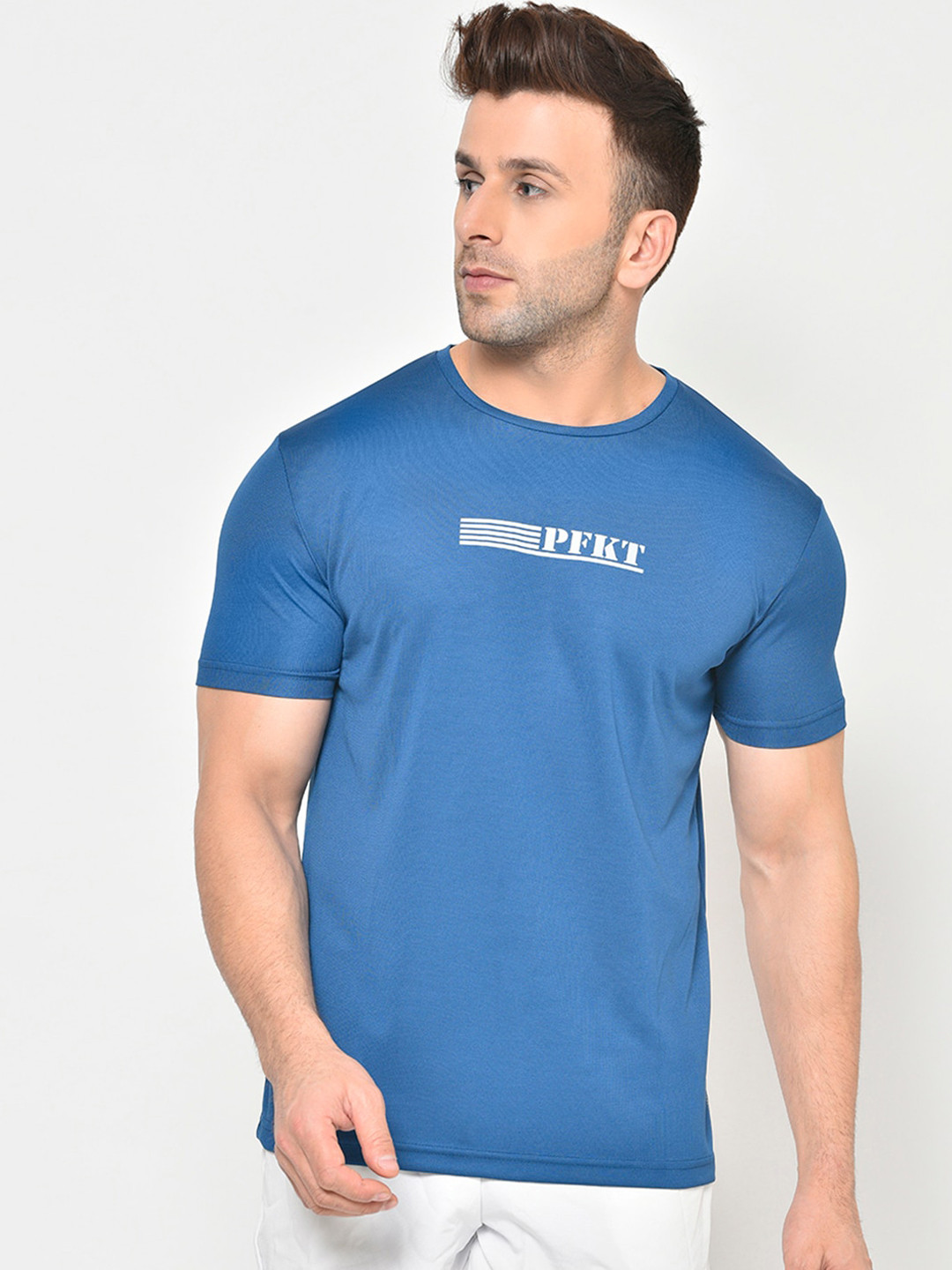 PERFKT-U Men Blue Printed Hydra-Cool Antimicrobial Round Neck T-shirt