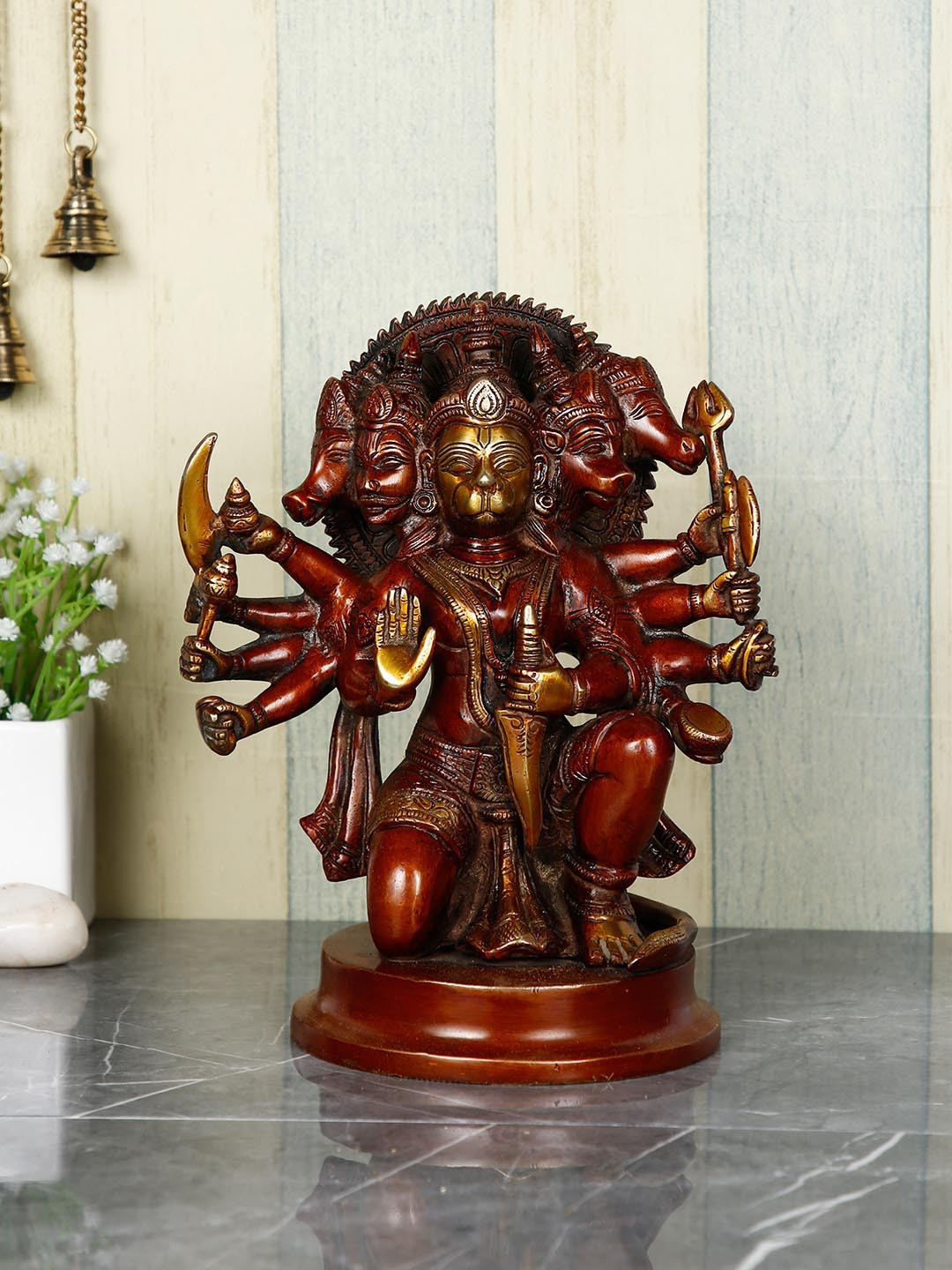 CraftVatika Five Face Hanuman Red Brass Metallic Home Office Medium Showpiece - 9 Inches
