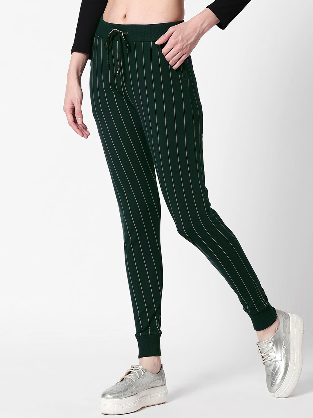 Zeyo Women Green & White Striped Slim Fit Joggers