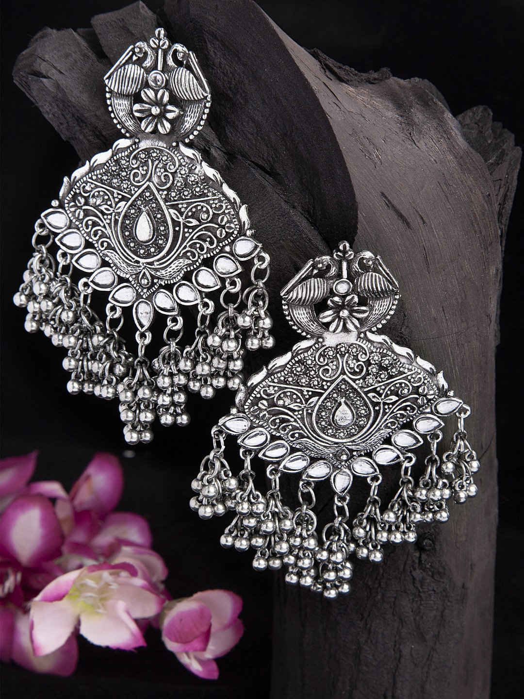 Moedbuille Stone Studded Temple Design Oxidised Silver Plated Handcrafted Tasselled Chandbalis