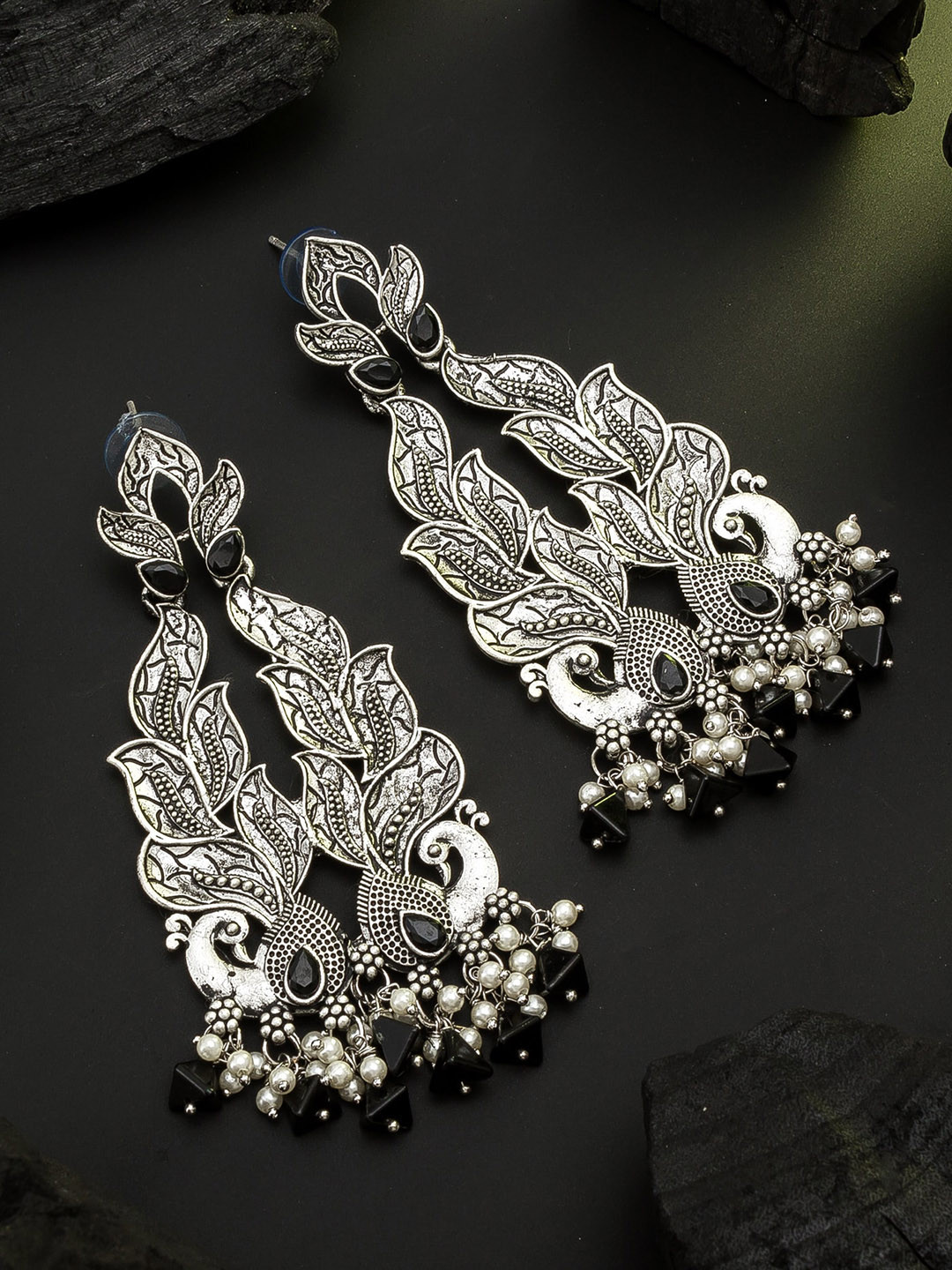 aadita Silver Oxidised Classic Drop Earrings