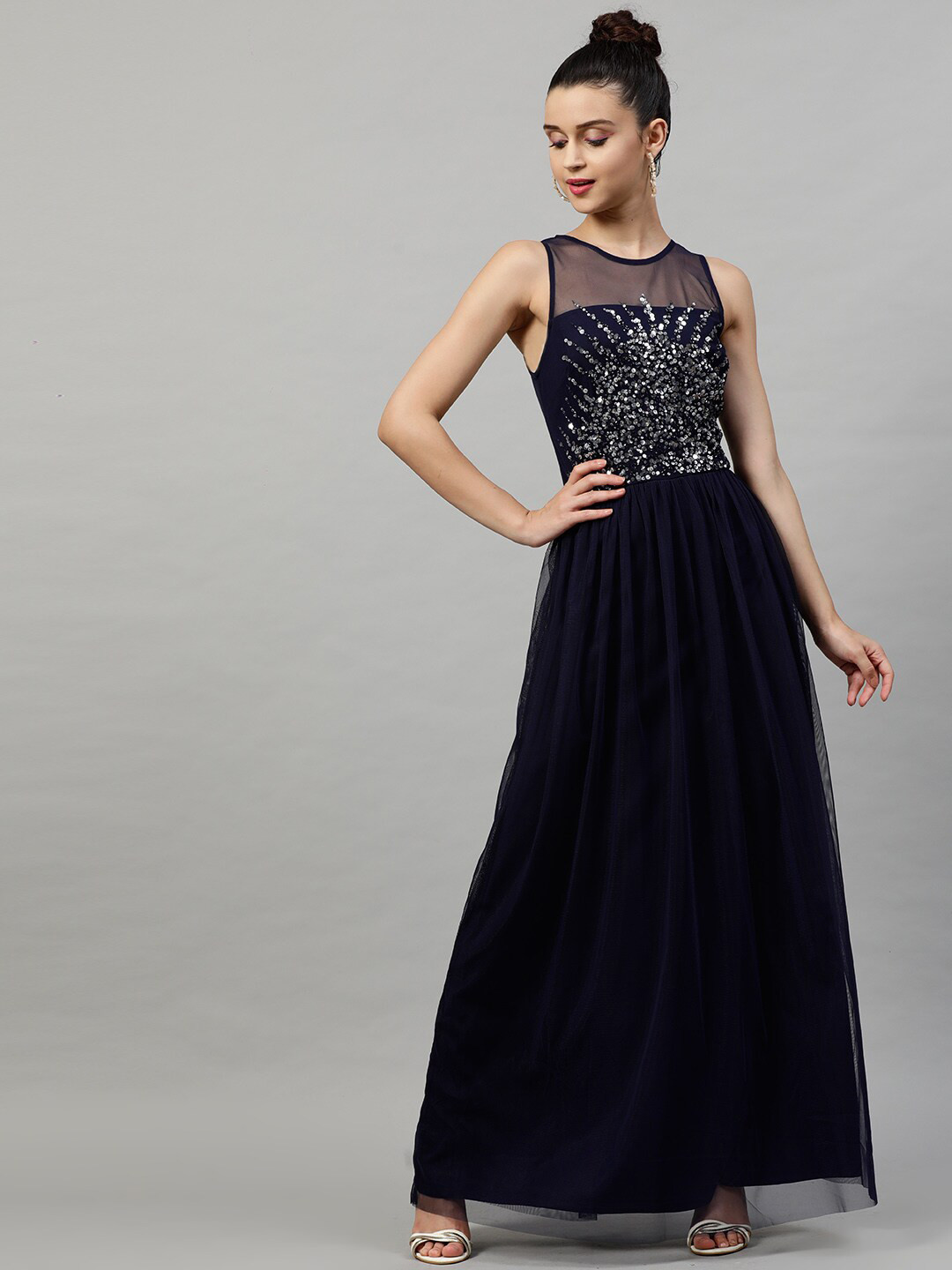 STREET 9 Women Navy Blue Embellished Maxi Dress