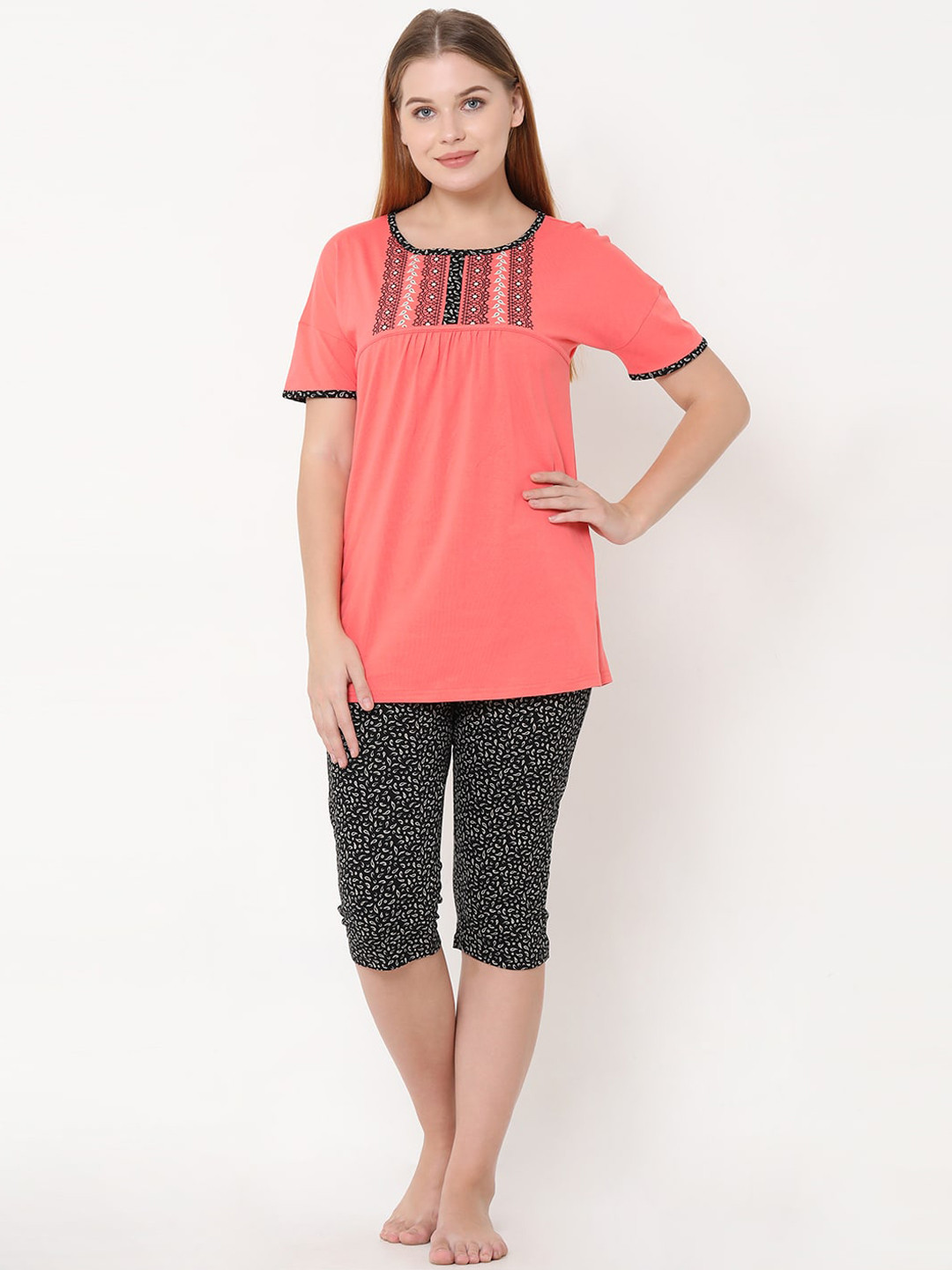 Sweet Dreams Women Coral Pink & Black Printed Night Suit 2110CU