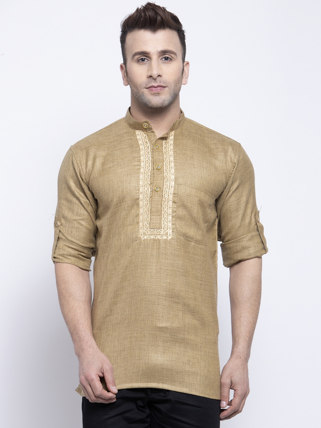 KLOTTHE Khaki Floral Yoke Design Mandarin Collar Roll Up Sleeves Thread Work Cotton Kurta