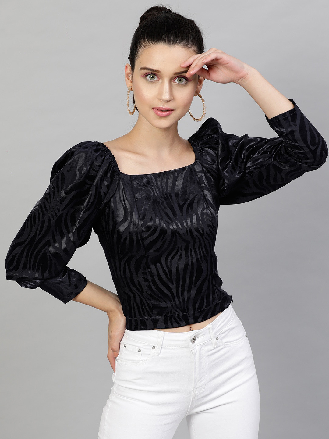 Street 9 Navy Blue Printed Puff Sleeves Jaquard Fitted Crop Top