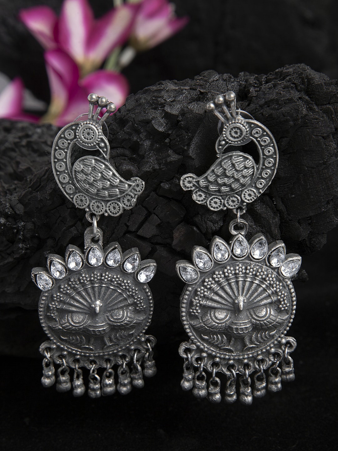 Moedbuille White Stone Studded Peacock Design Oxidised Silver Plated Handcrafted Tribal Chandbalis