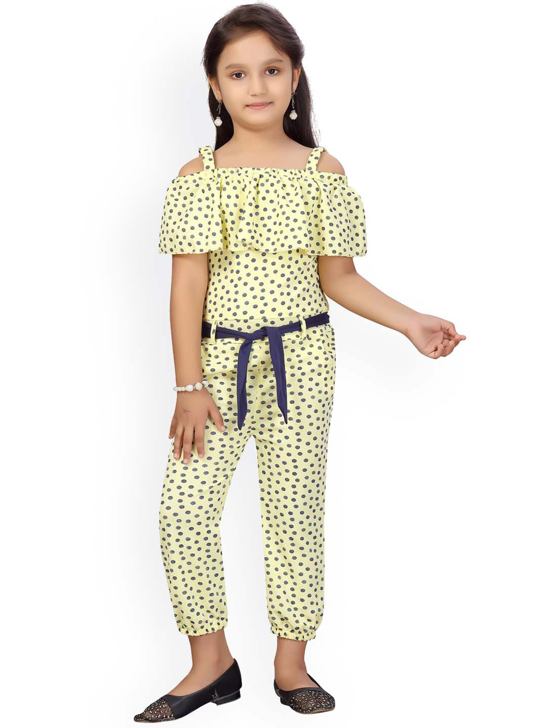 Aarika Girls Yellow & Navy Blue Printed Basic Jumpsuit