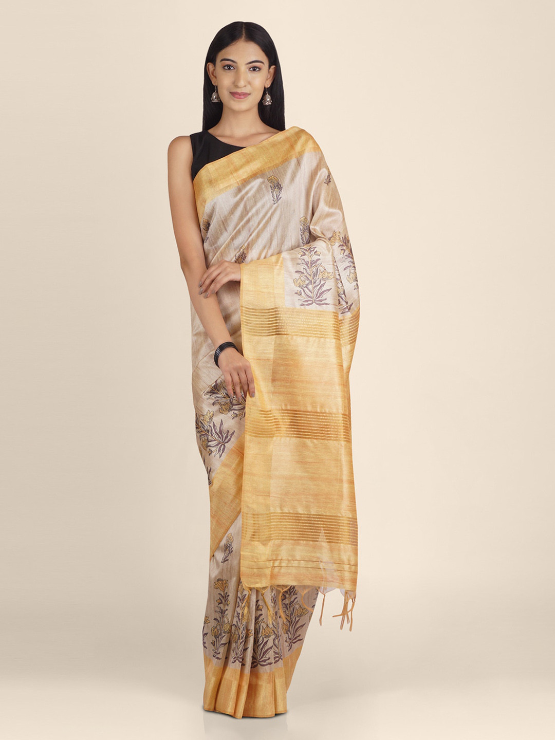KAJREE Cream-Coloured & Yellow Pure Linen Handloom Block Print Saree
