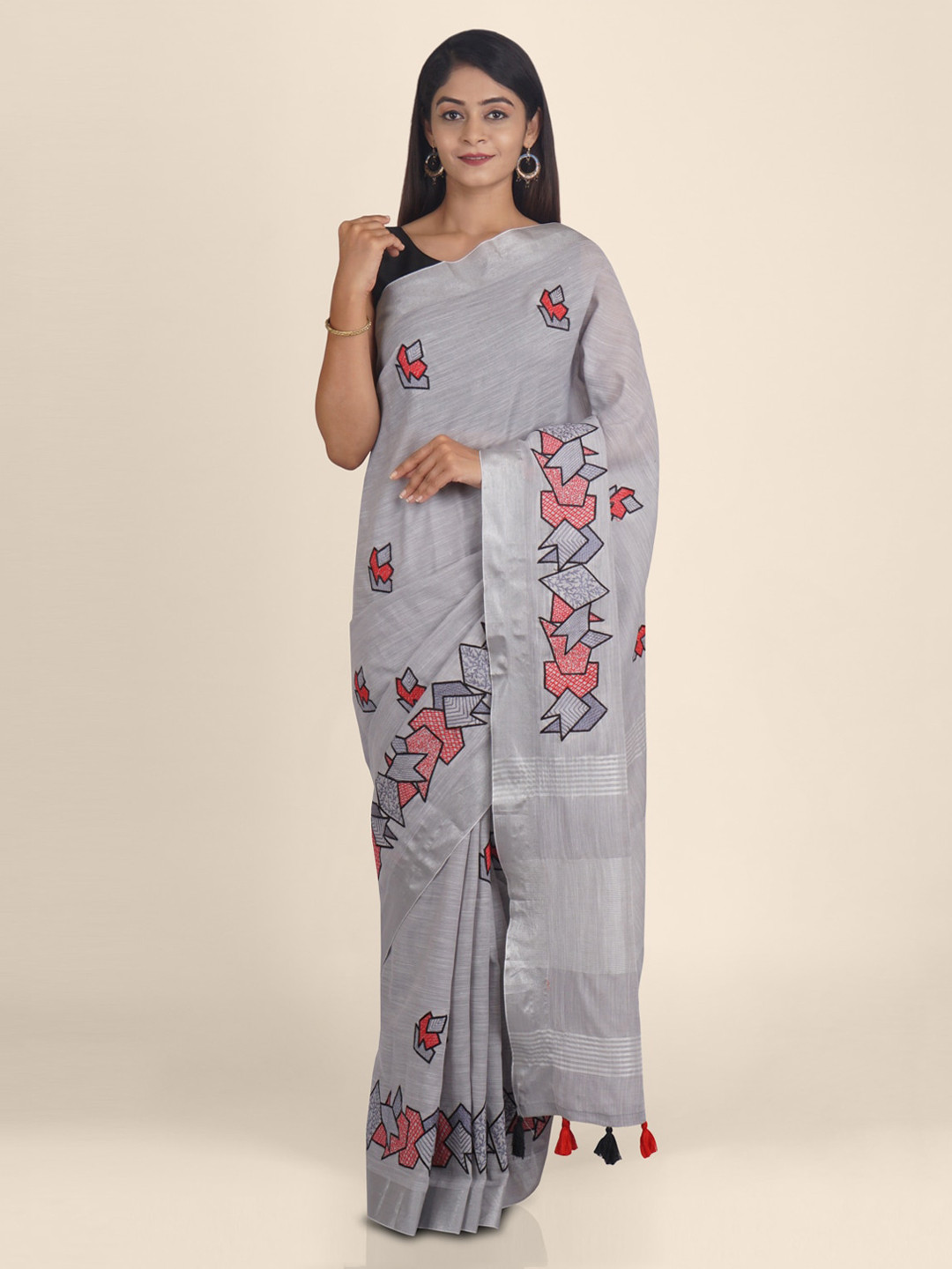 KAJREE Grey Pure Linen Embroidered Bhagalpuri Saree