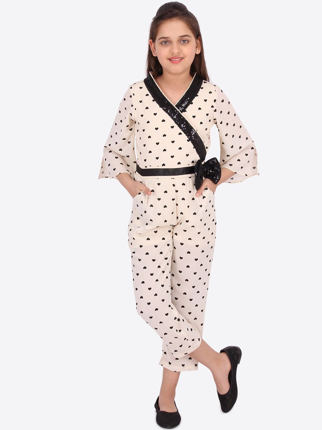 CUTECUMBER Girls Cream-Coloured & Black Printed Basic Jumpsuit