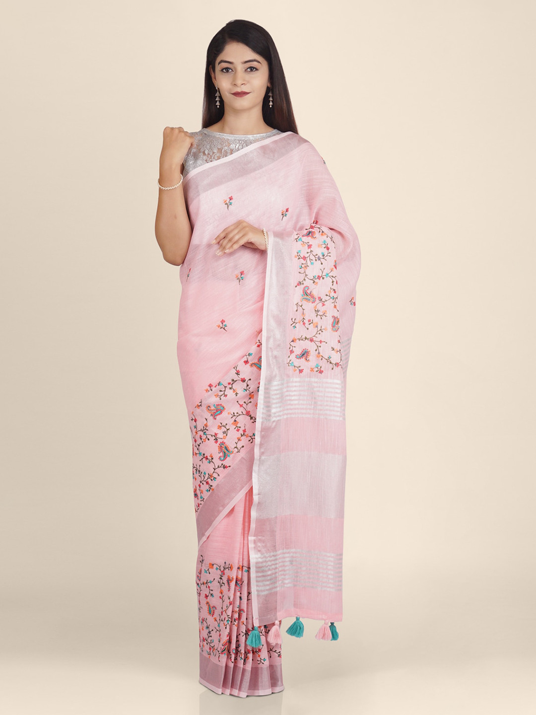 KAJREE Pink Printed Pure Linen Handloom Saree