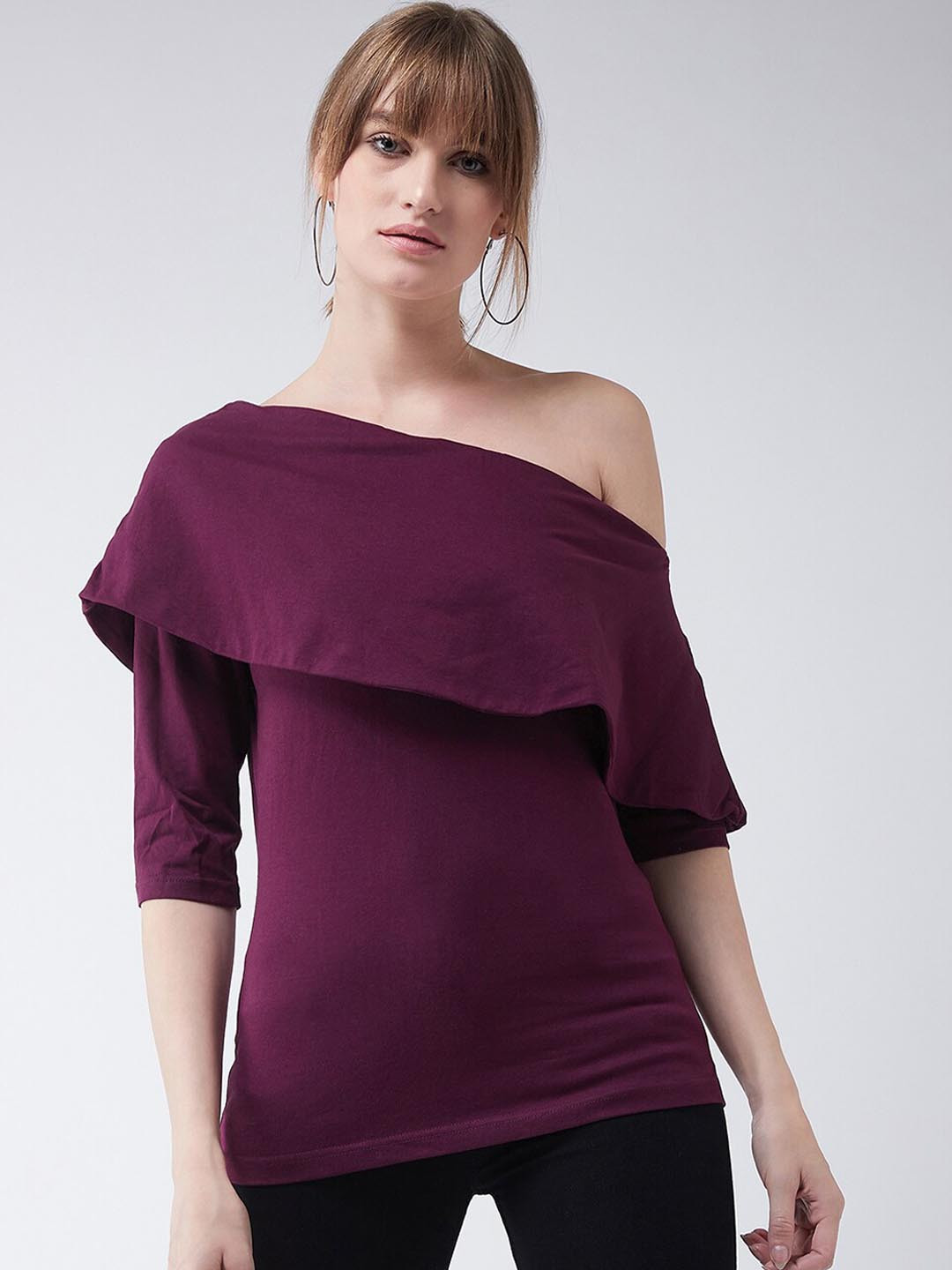 Miss Chase Women Purple One Shoulder Layered Solid Pure Cotton Regular Top