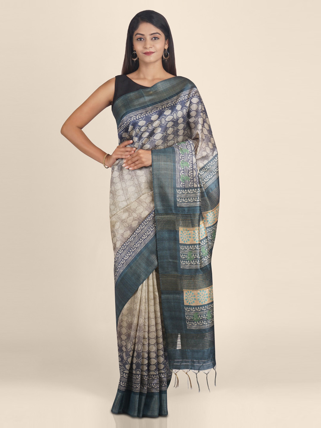 KAJREE Green Block Printed Pure Linen Saree