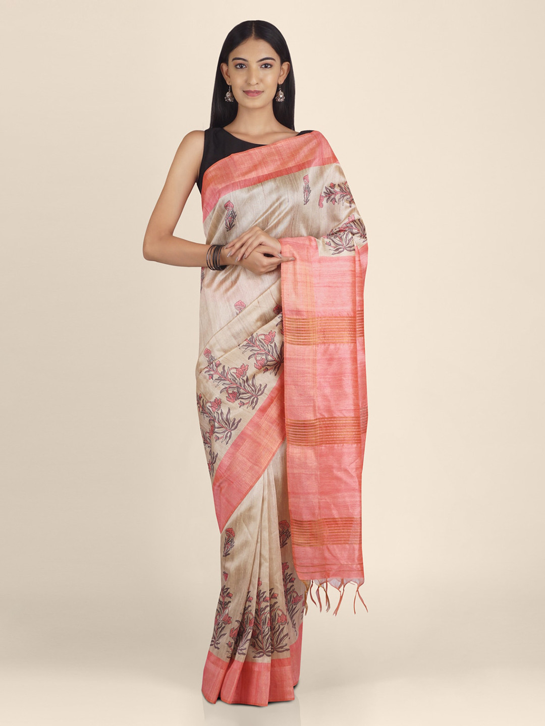 KAJREE Cream-Coloured & Pink Pure Linen Woven Design Block Print Handloom Saree