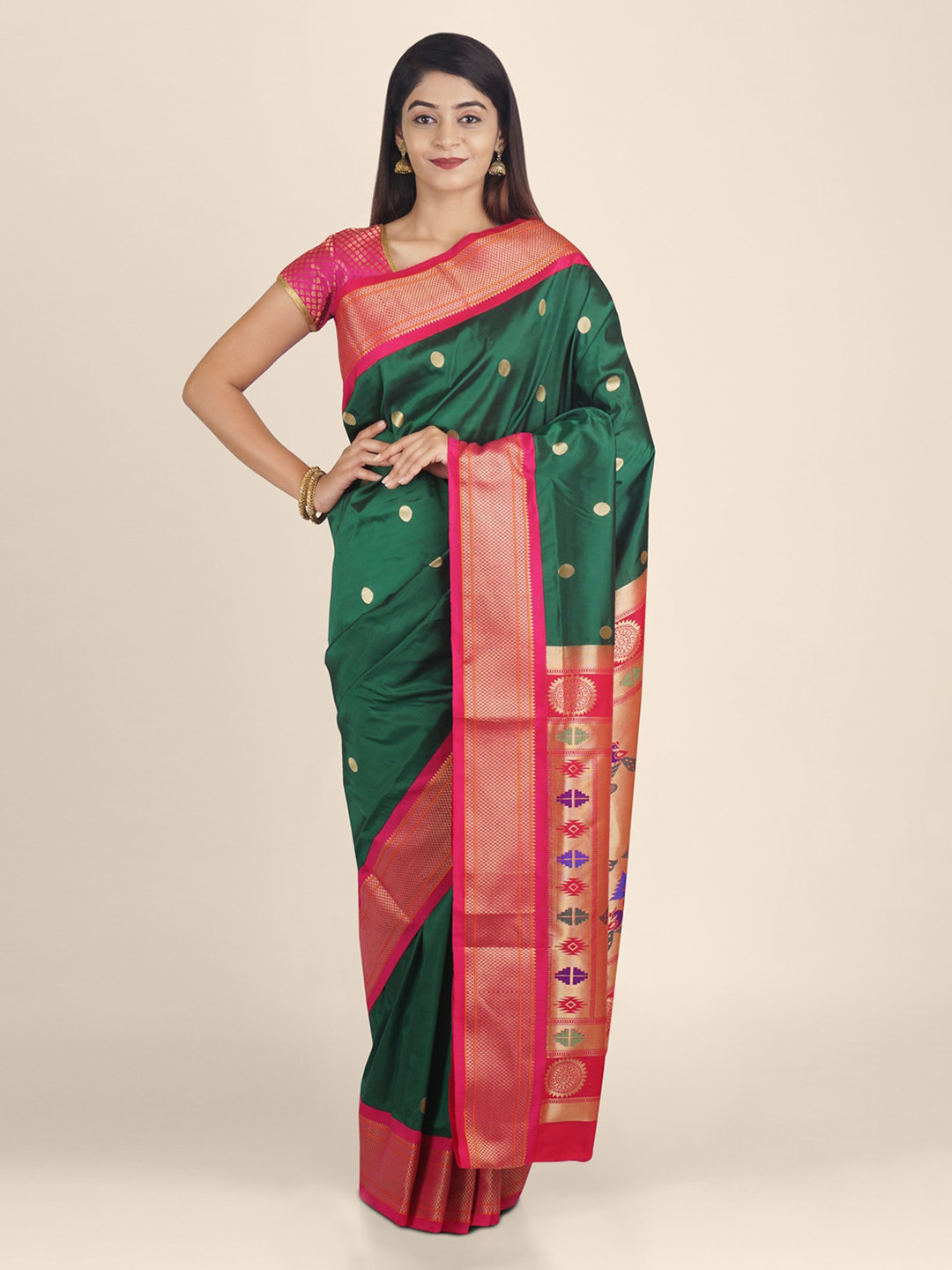 KAJREE Green Silk Blend Woven Design Paithani Saree