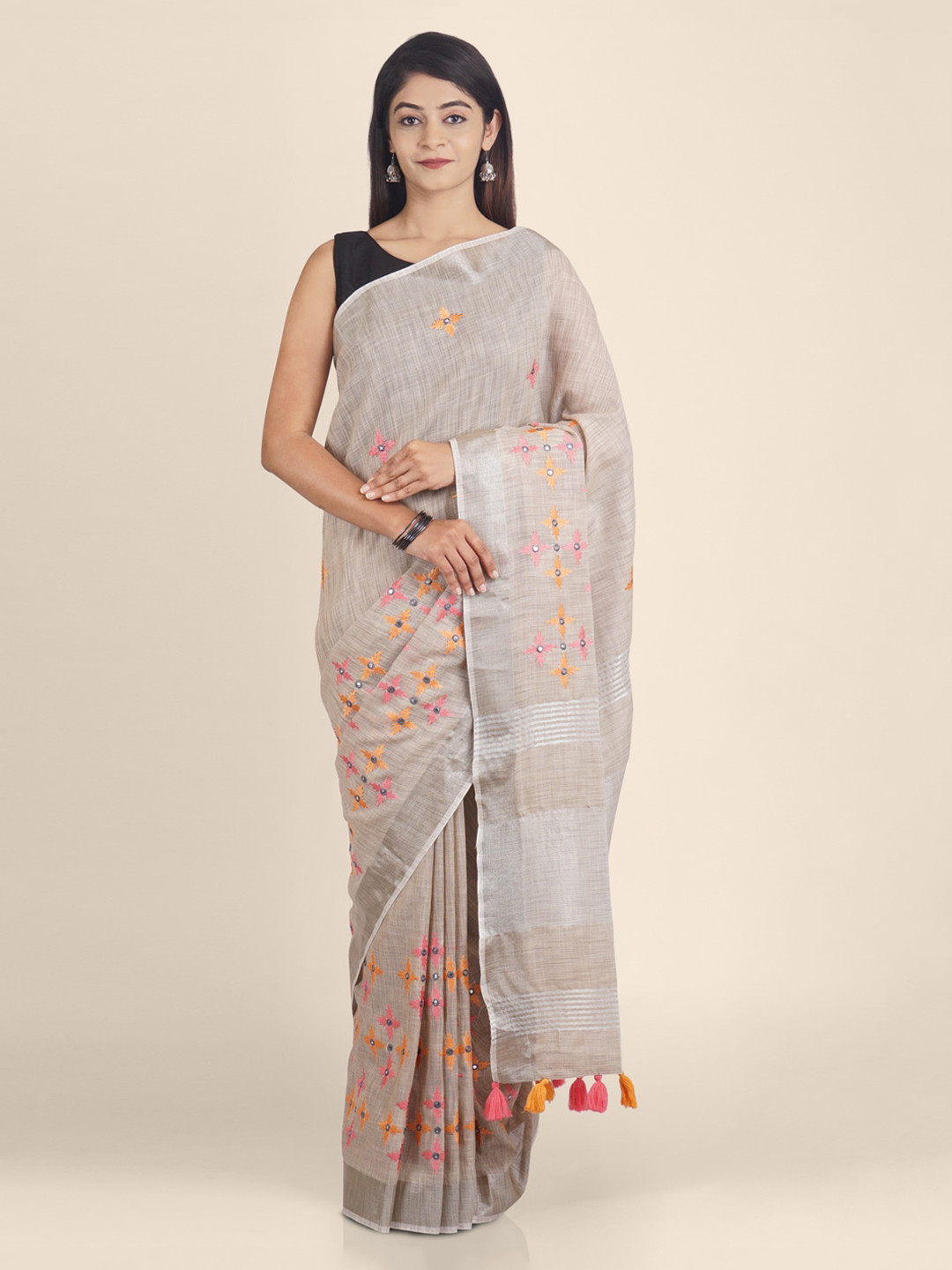 KAJREE Beige Woven Design Pure Handloom Linen Saree