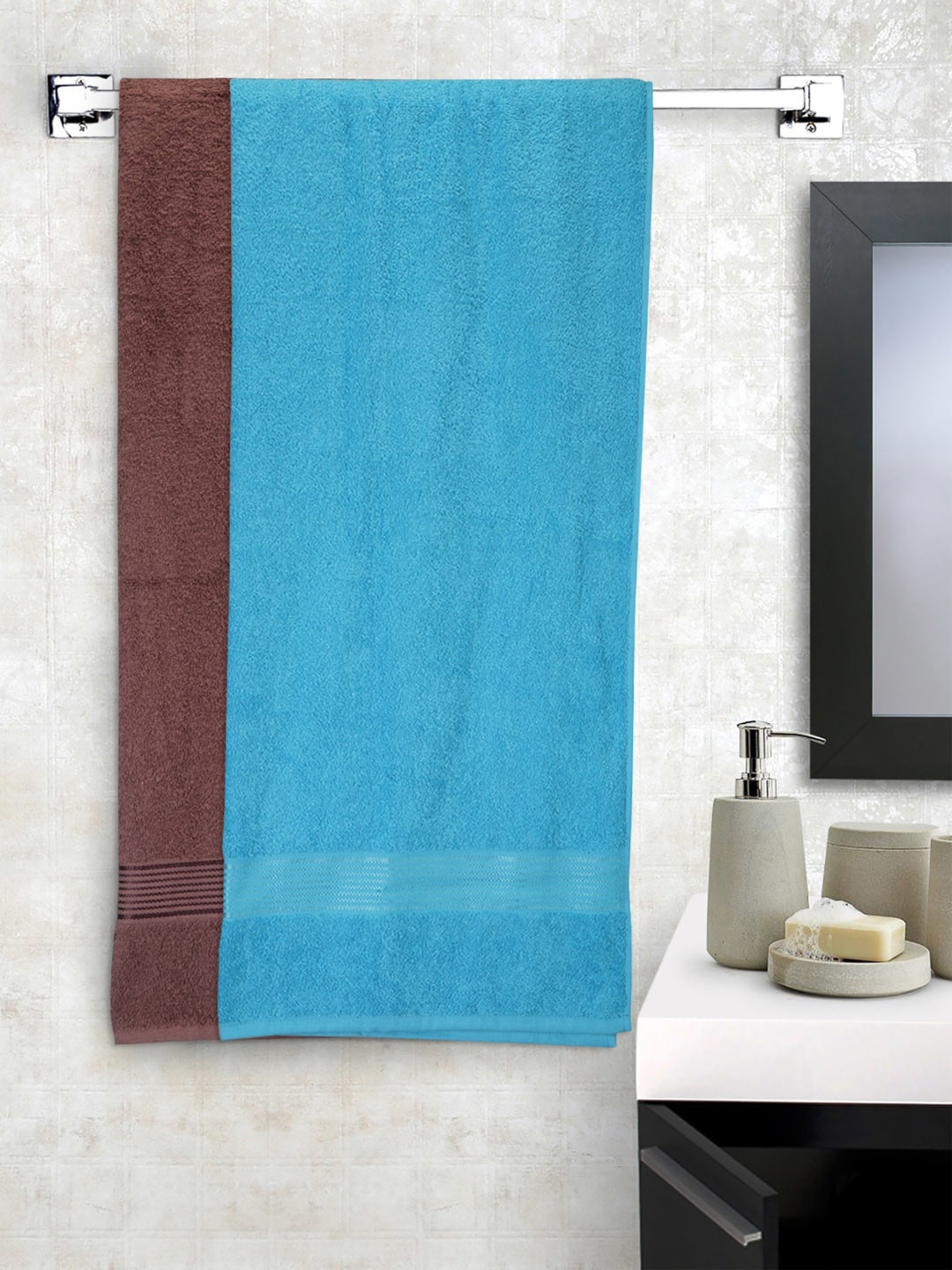 KOPA Blue & Brown Set Of 2 Solid 380 GSM Cotton Bath Towels