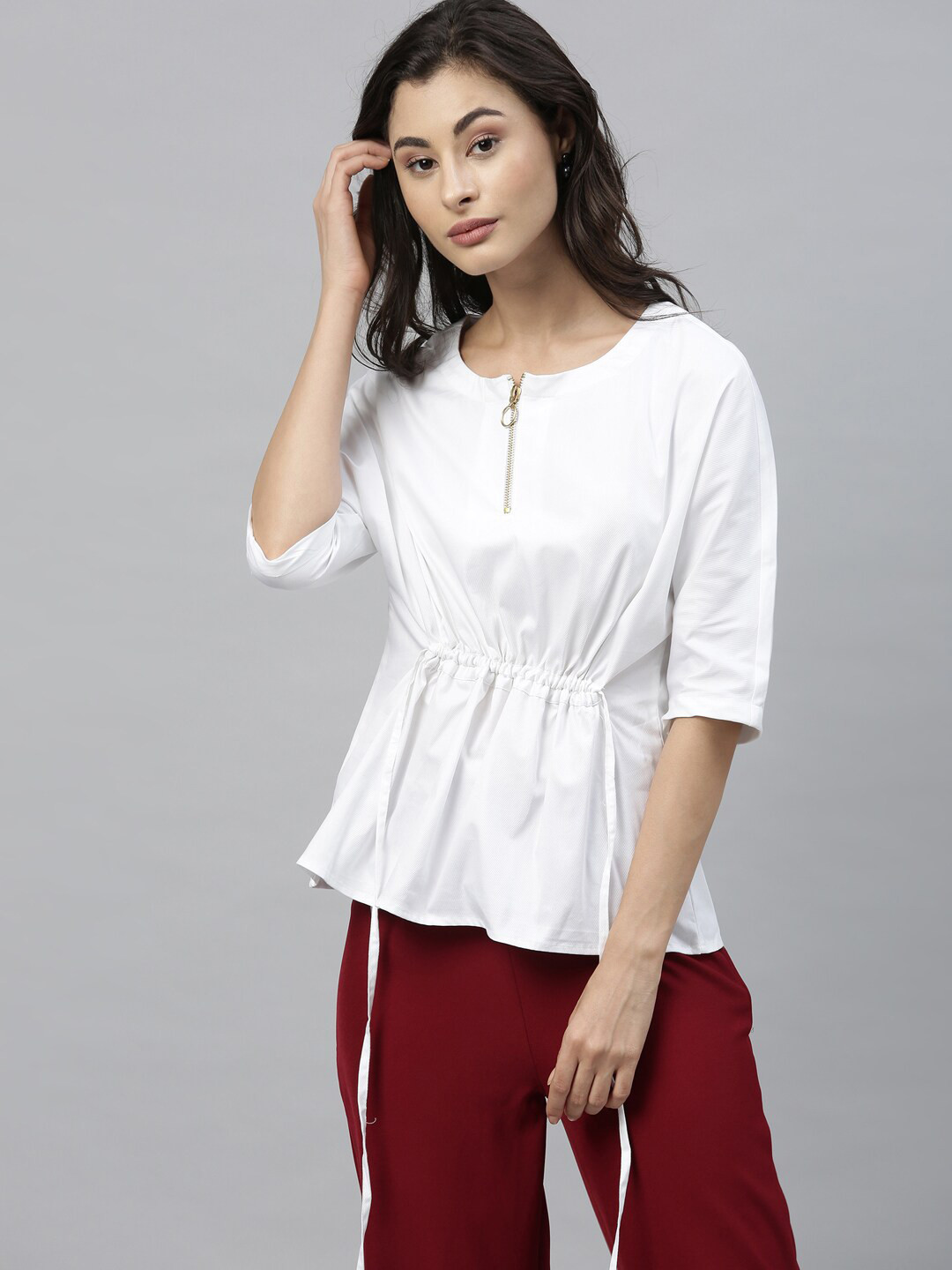 Rareism White Pure Cotton Cinched Waist Top