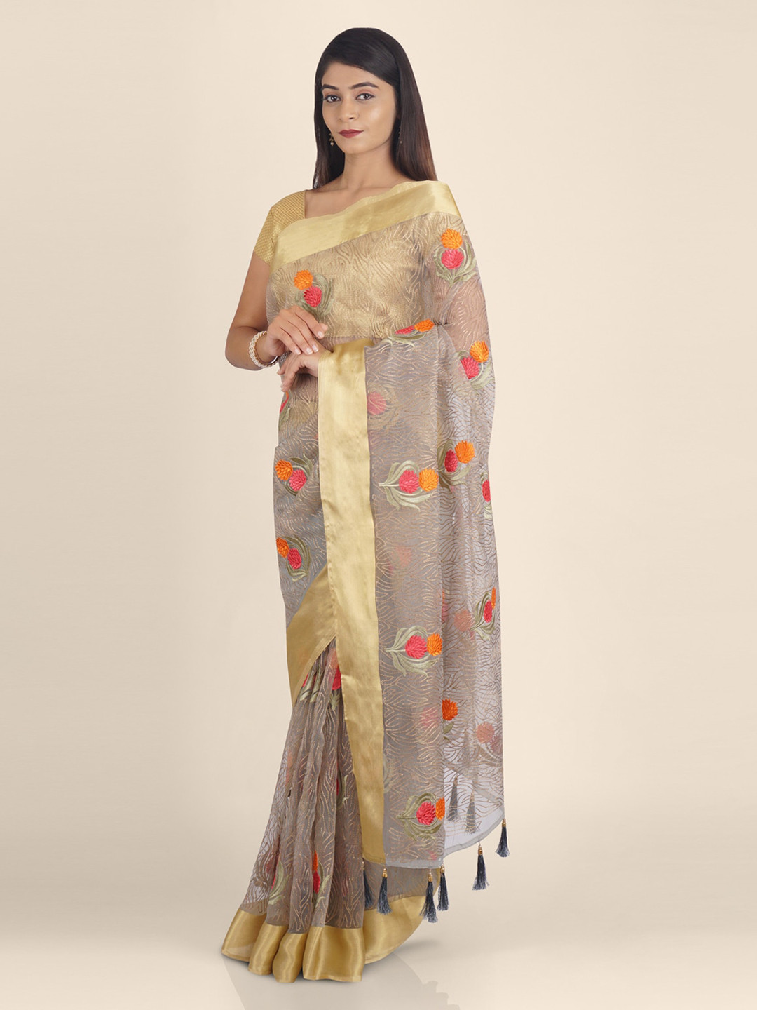 KAJREE Grey & Pink Tissue Embroidered Jamdani Saree