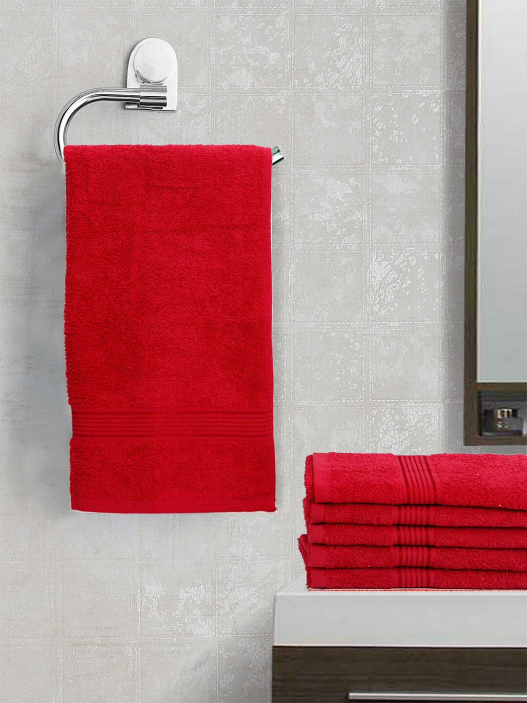 KOPA Red Set Of 6 Solid 380 GSM Cotton Hand Towels
