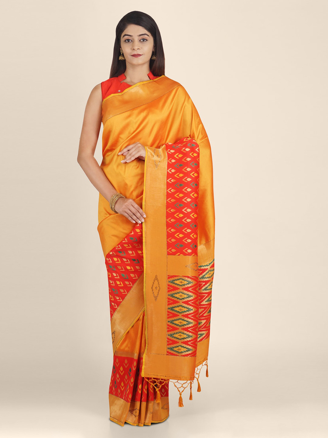 KAJREE Orange & Red Poly Silk Woven Design Patola Handloom Saree