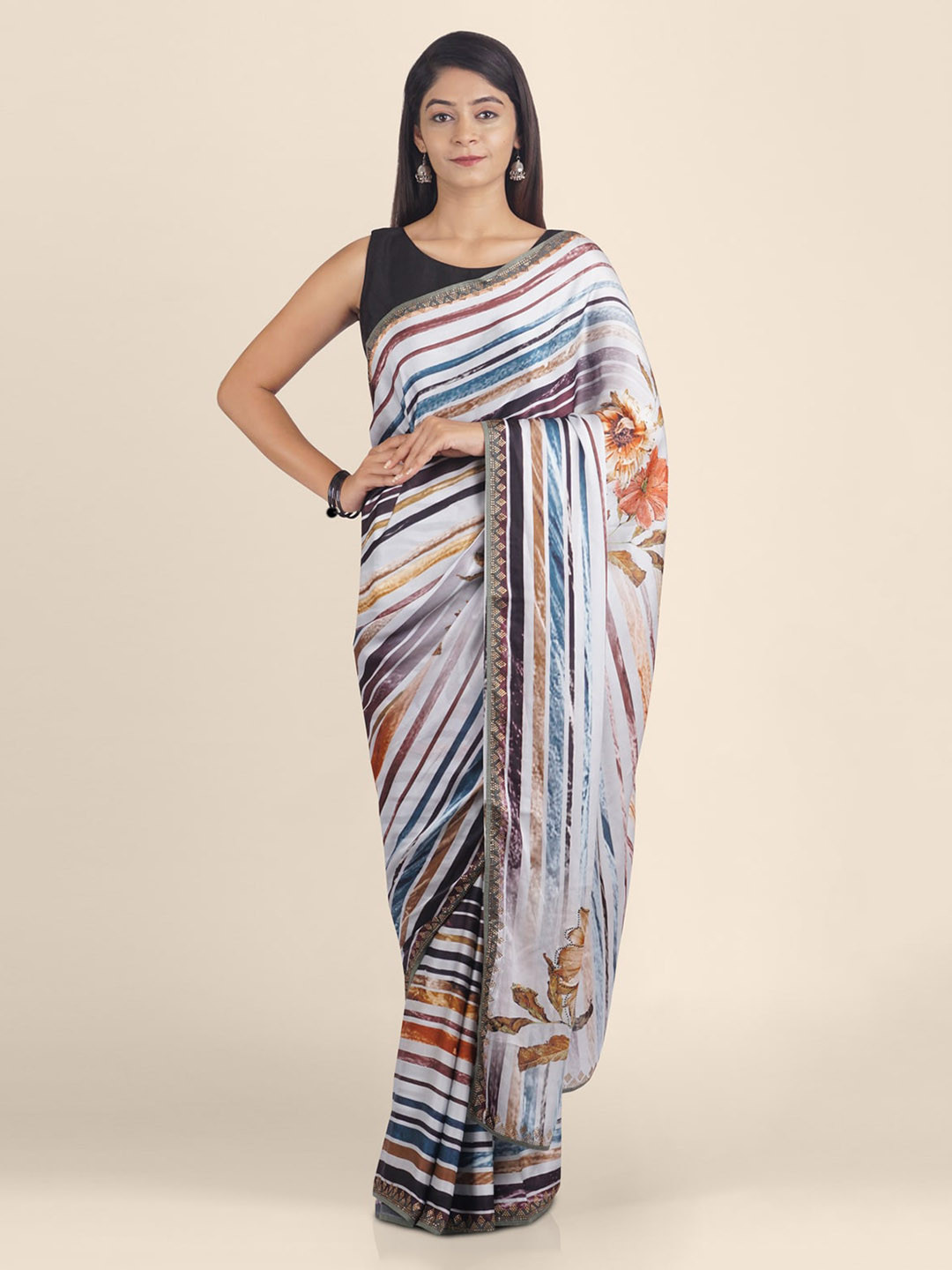 KAJREE White Satin Printed Block Print Saree