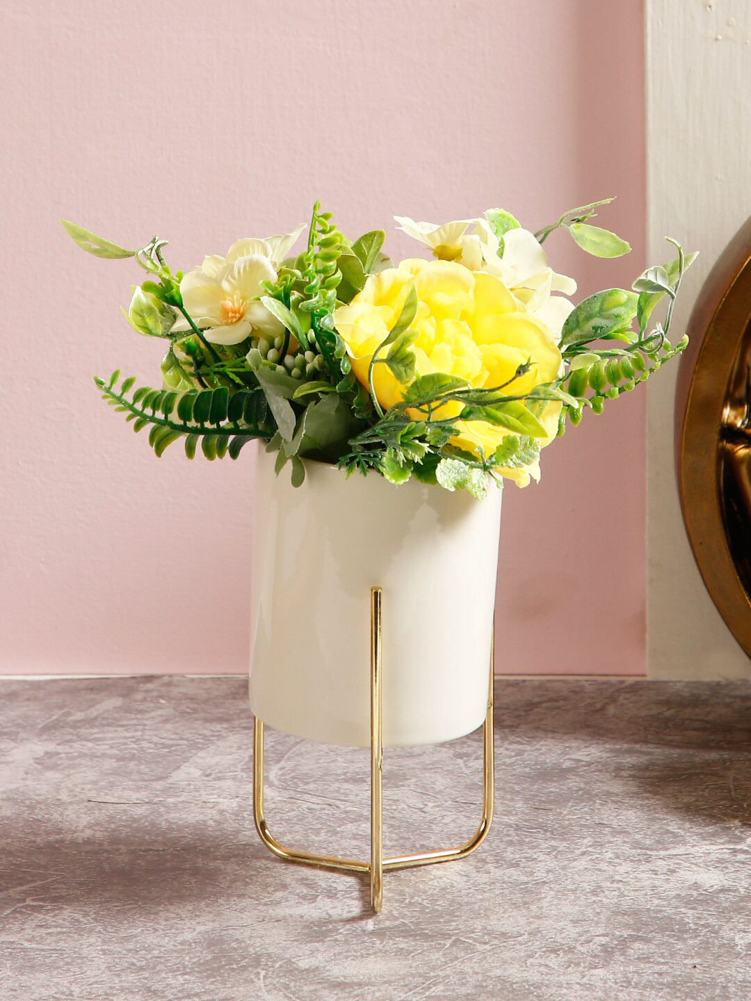 TAYHAA White & Yellow Artificial Plant With Pot & Stand