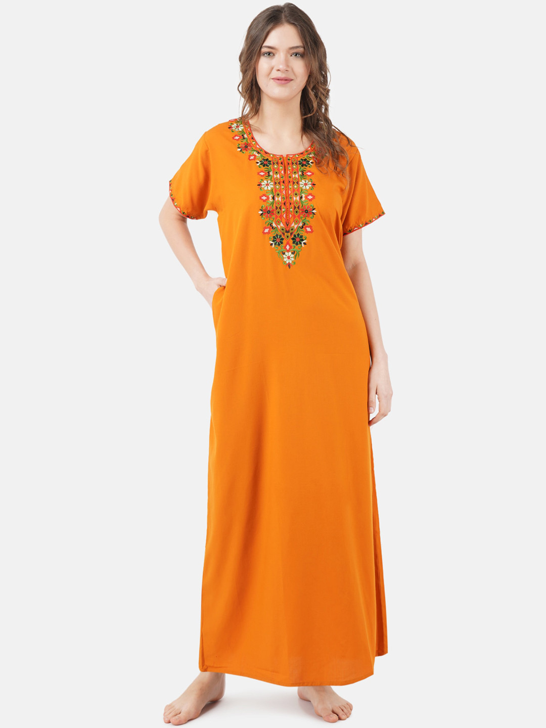 KOI SLEEPWEAR Woman Orange & Green Embroidered Cotton Nightdress With Pockets