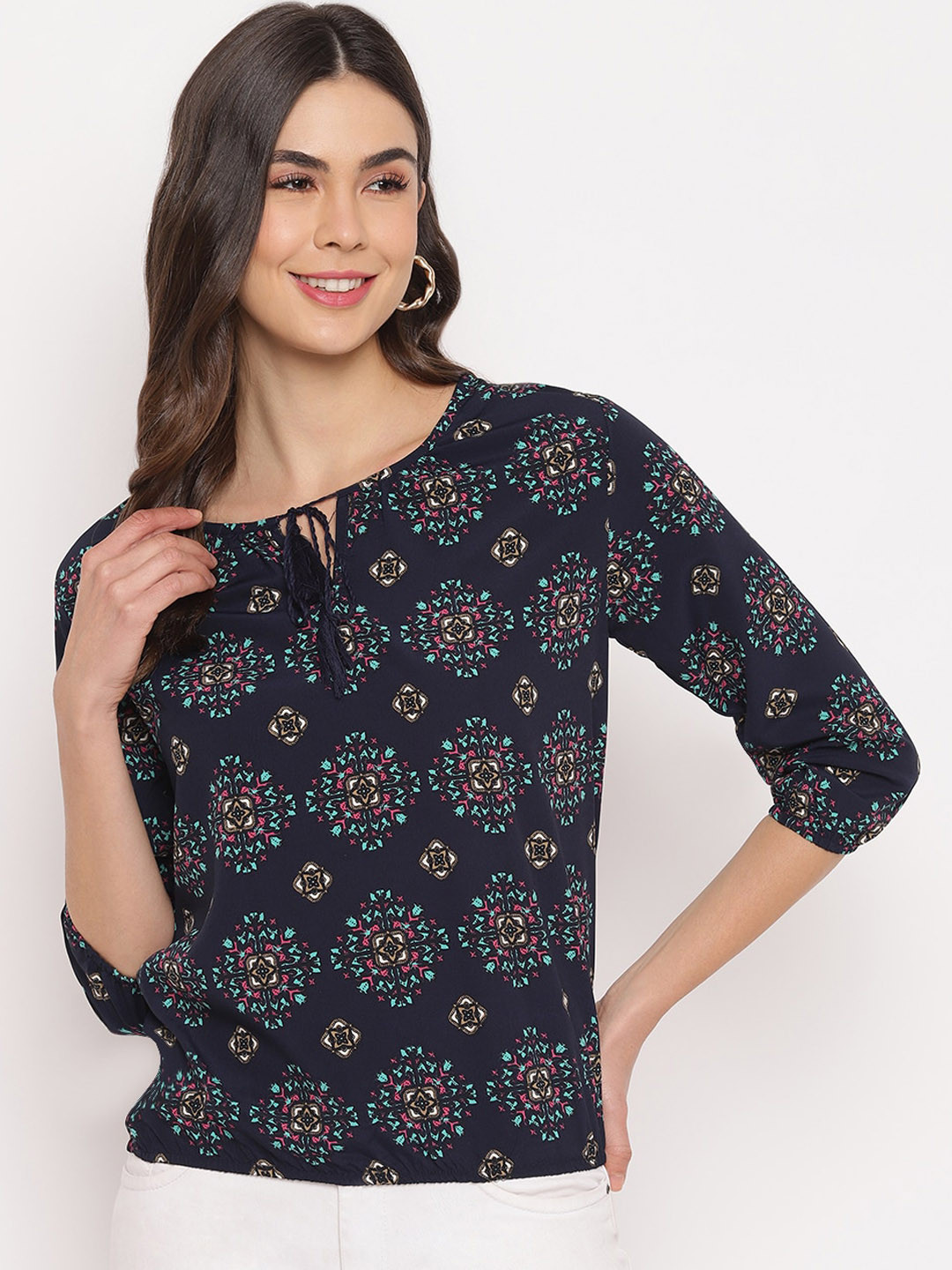 Mayra Blue Printed Crepe Blouson Top