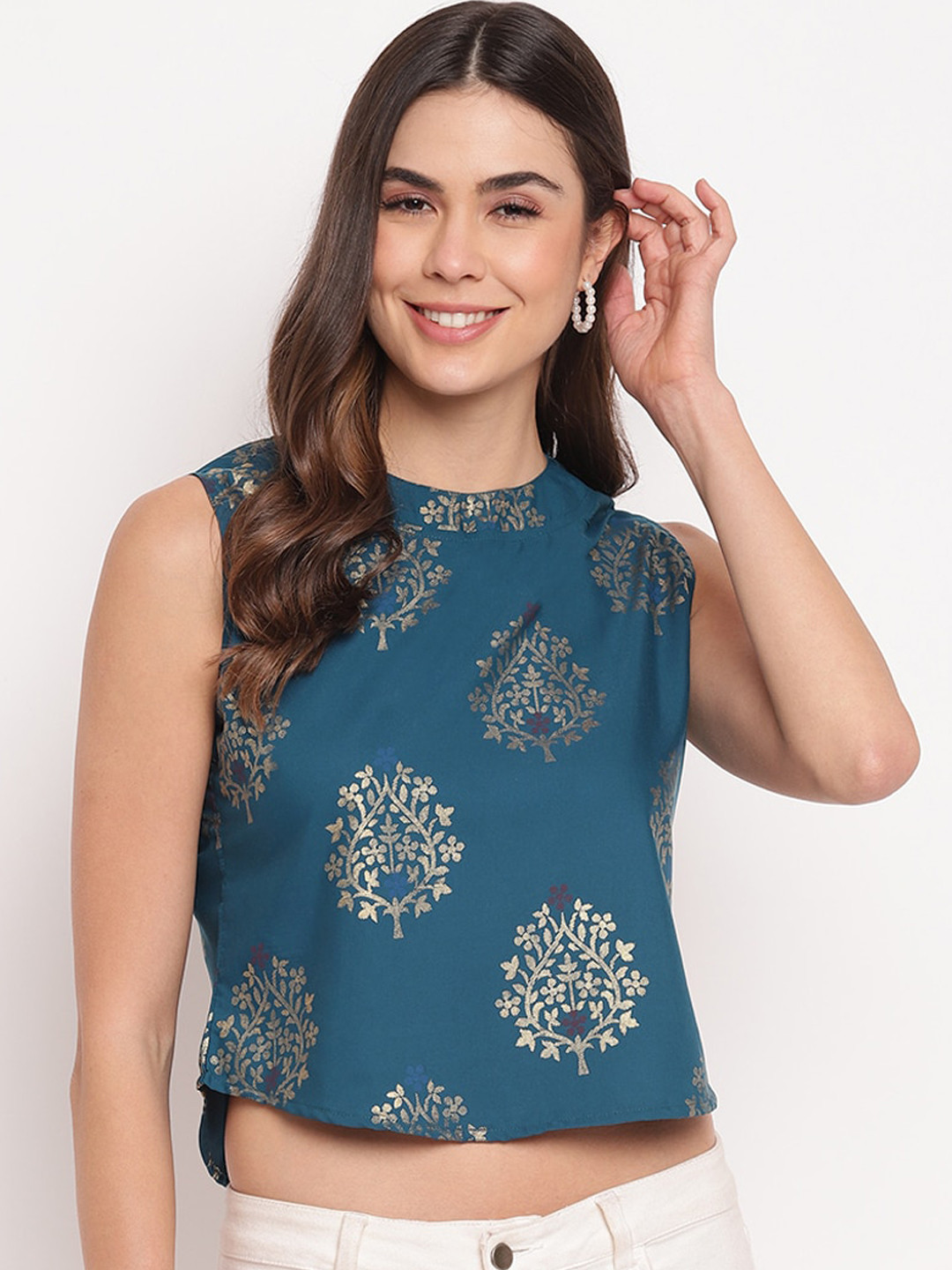 Mayra Teal Blue Printed Crop Top