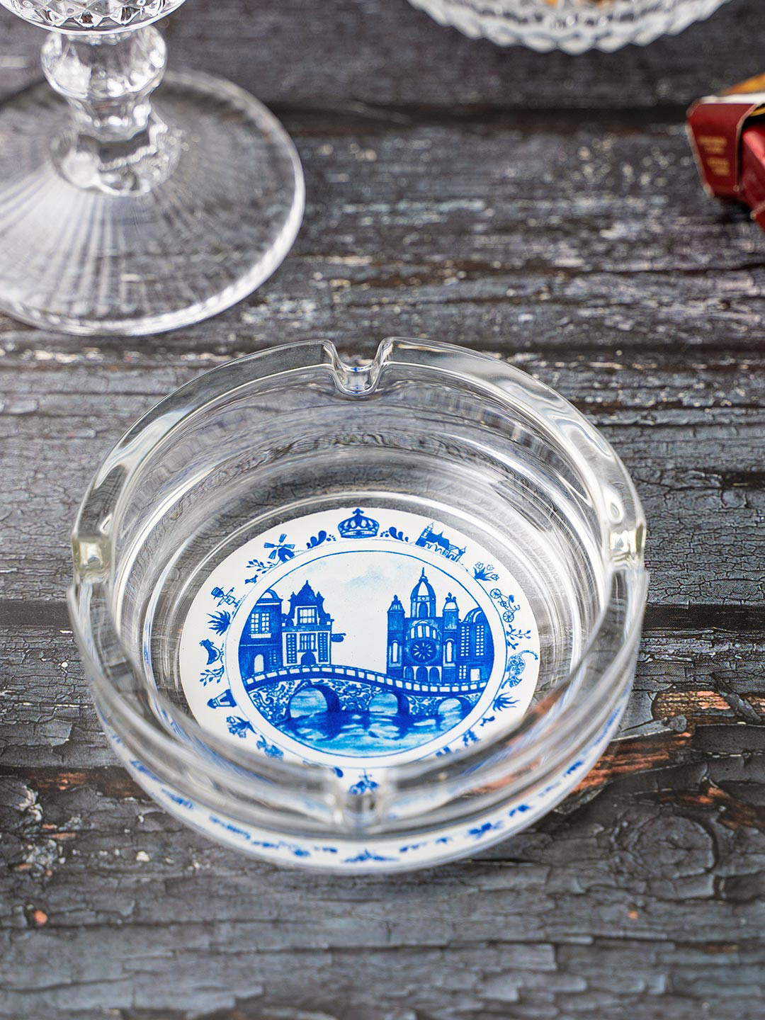 KOLOROBIA Transparent & Blue Dutch Pottery Glass Ashtray