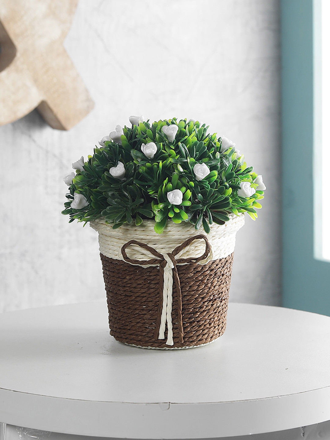 FOLIYAJ Green & Brown Artificial Small White Flowers Plant In Pot