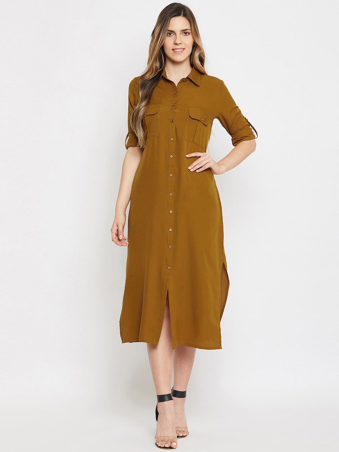 Color Cocktail Women Khaki Solid Shirt Dress