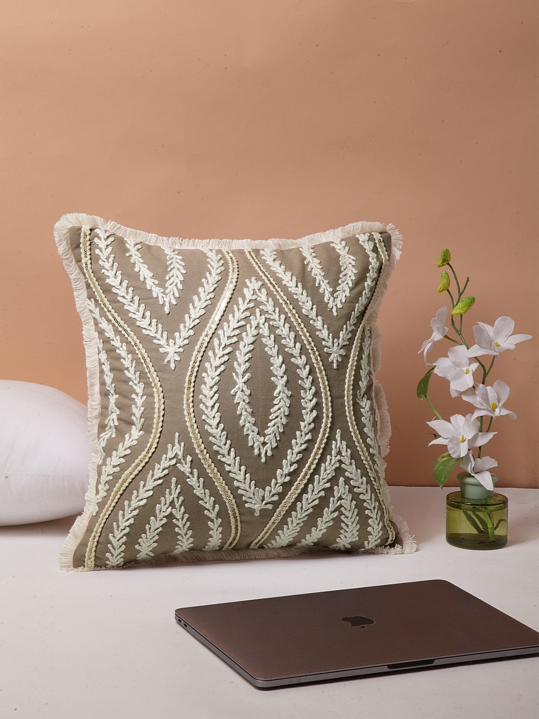 BLANC9 Beige Embroidered Cotton Washable Square Cushion Cover - 16 x 16 Inches