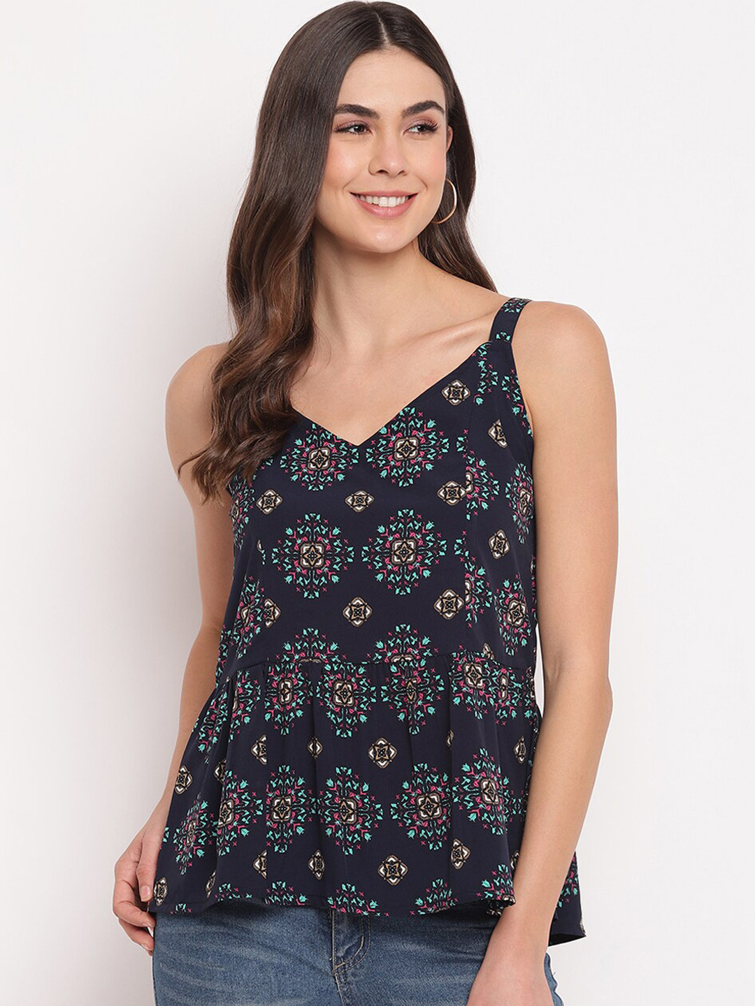Mayra blue Printed Crepe A-Line Top
