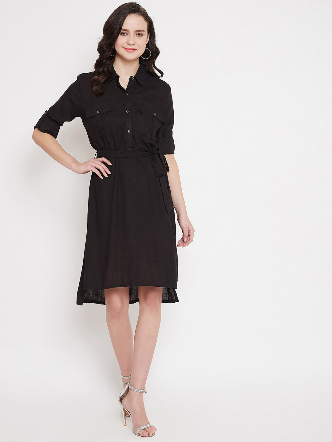 Color Cocktail Women Black Solid Shirt Dress