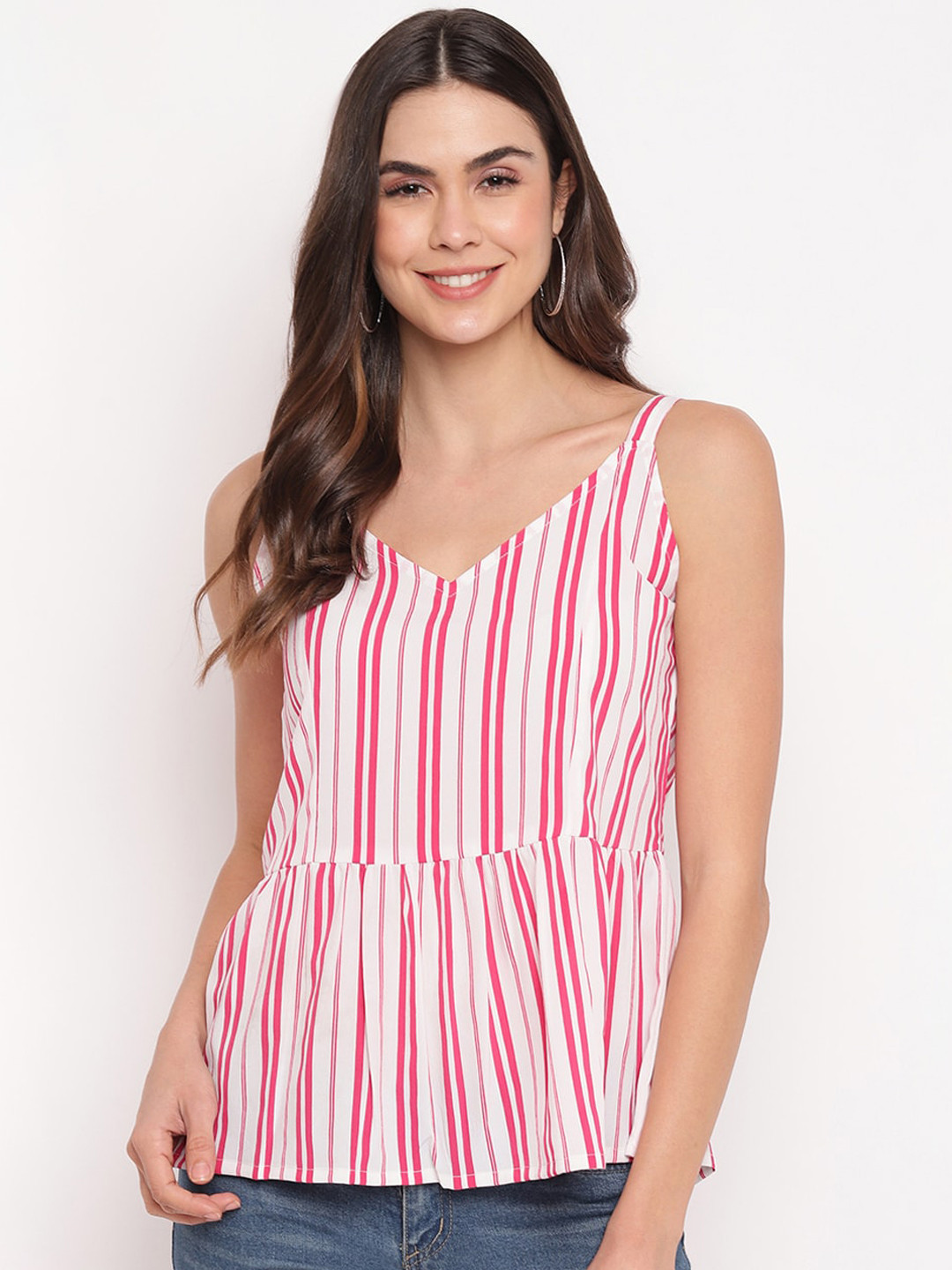 Mayra White & Pink Striped Crepe A-Line Top