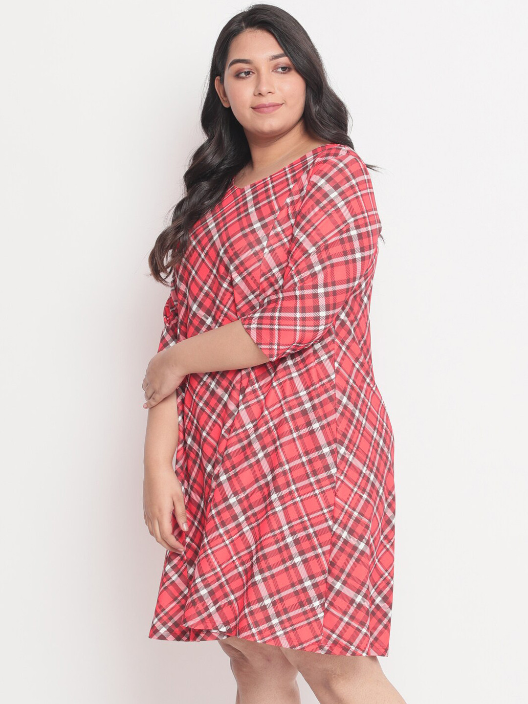 Amydus Women Plus Size Pink Checked A-Line Dress