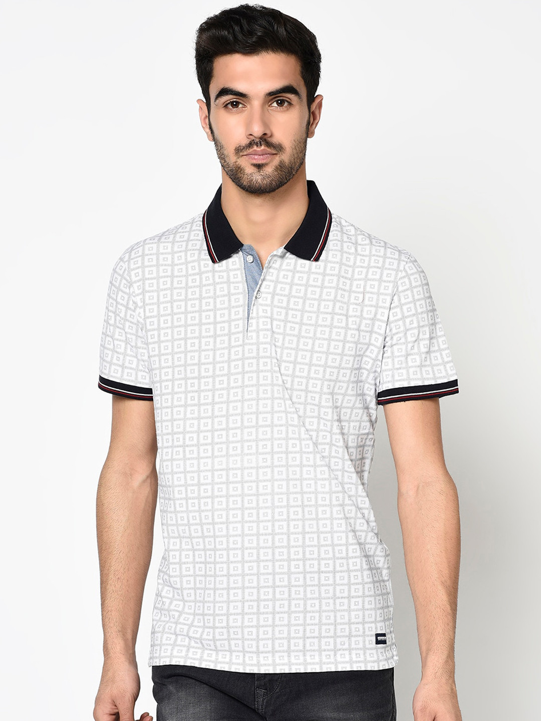Octave Men White Checked Polo Collar T-shirt