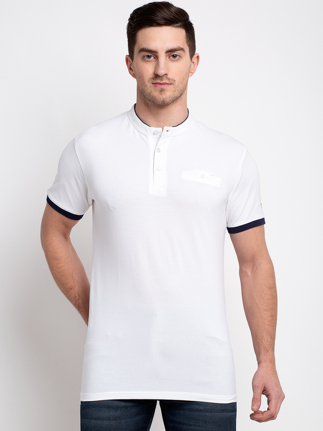 Rodamo Men White Solid Slim Fit Mandarin Collar T-shirt