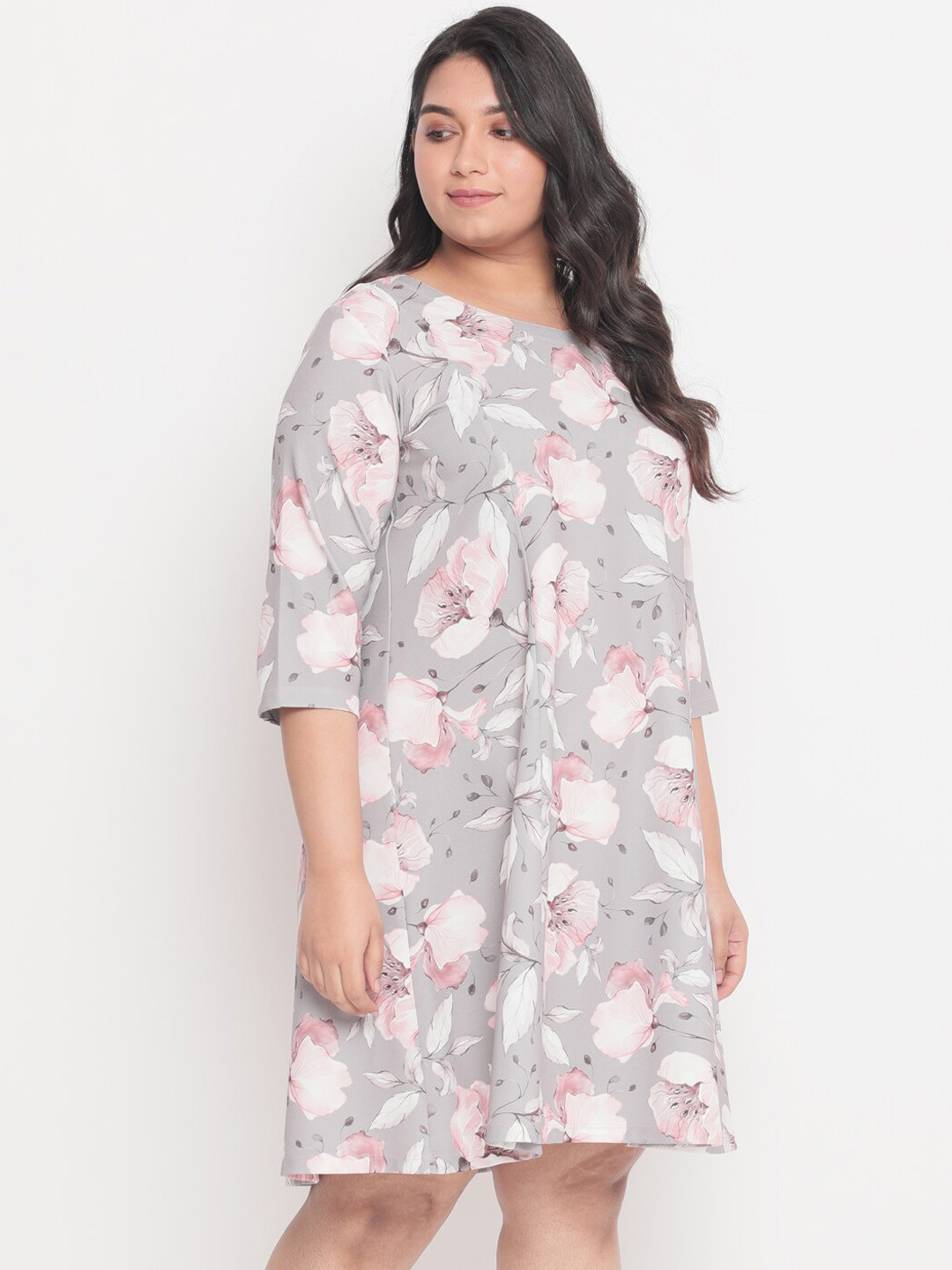 Amydus Women Plus Size Grey Printed Fit and Flare Dress