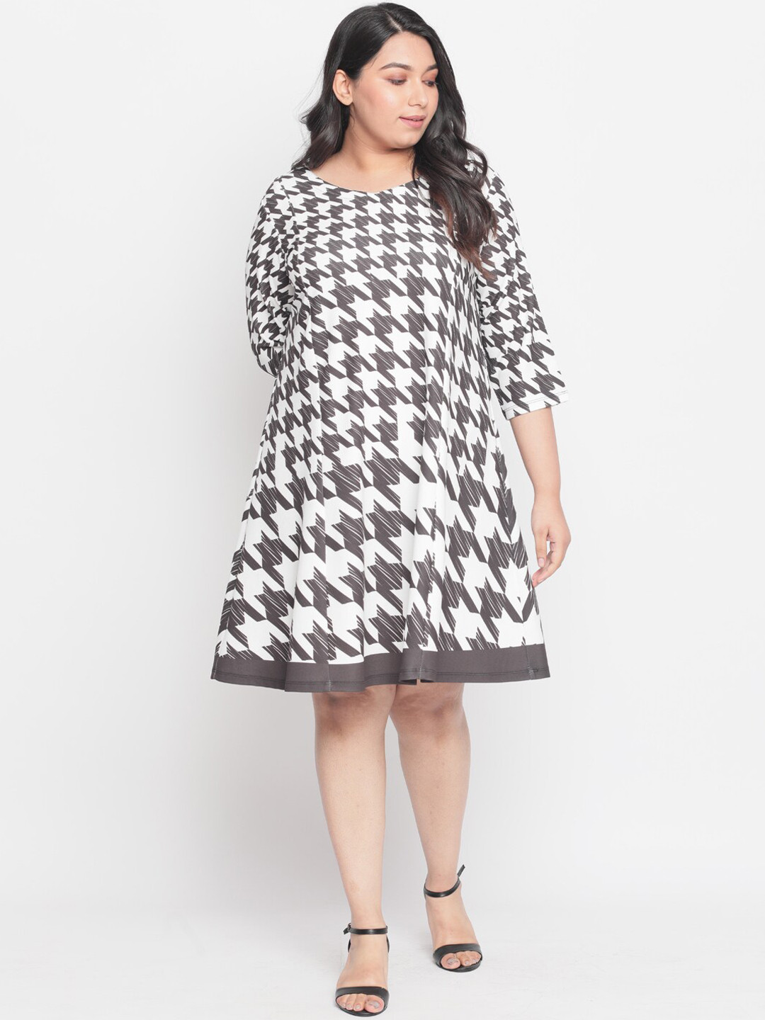 Amydus Women Plus Size White Printed A-Line Dress
