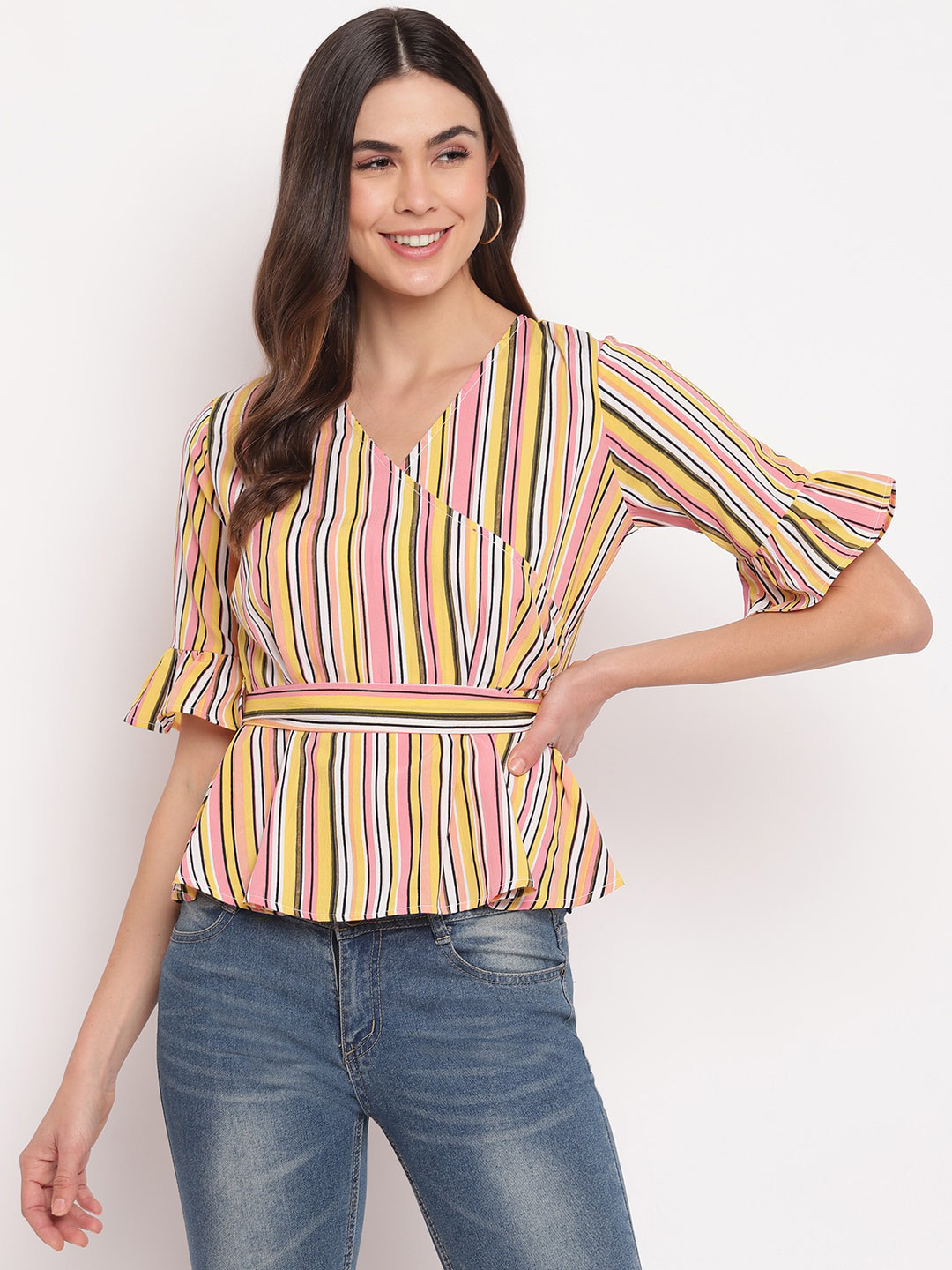Mayra Yellow Striped Bell Sleeves Crepe Wrap Top